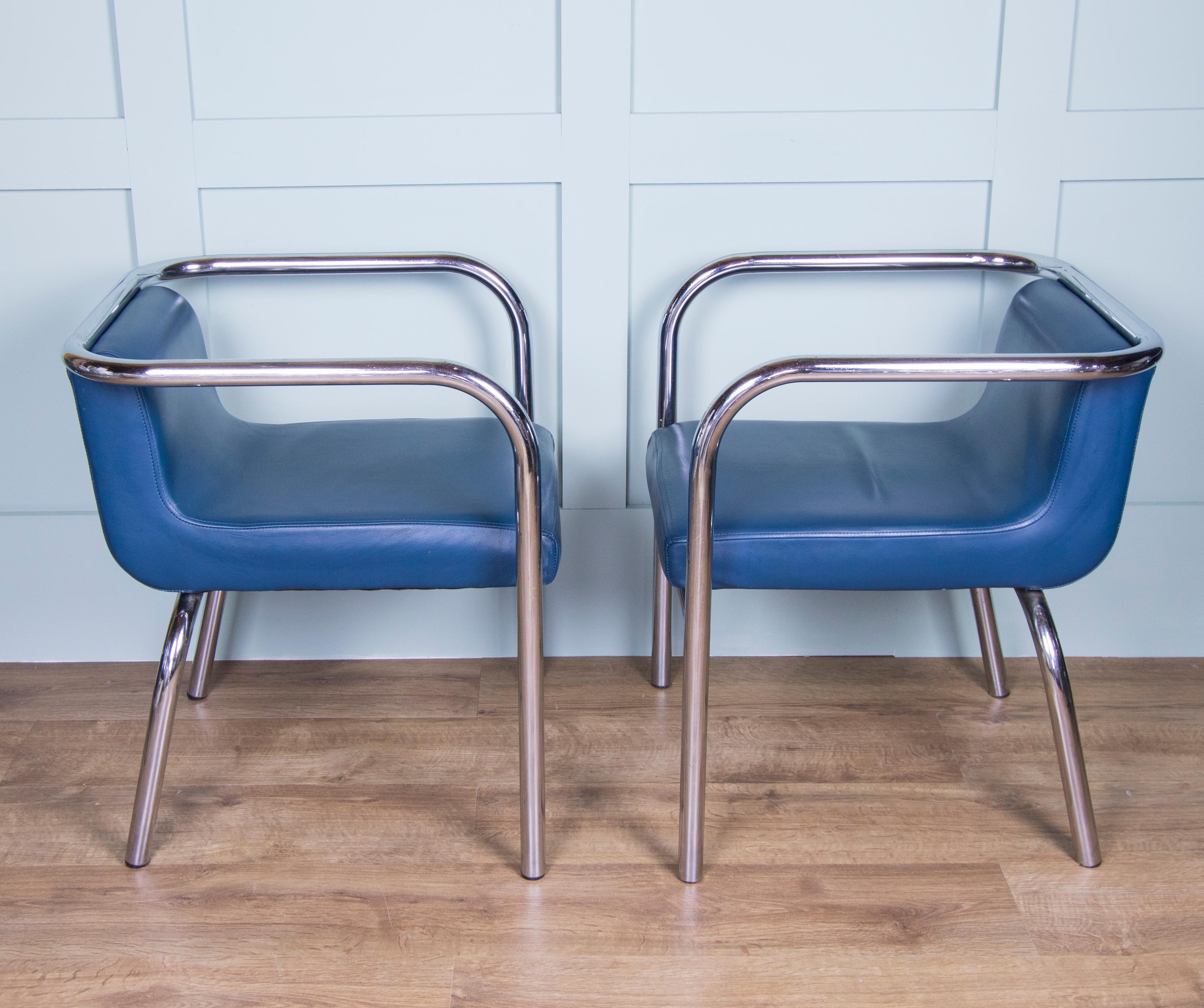 20th Century Set of Six Modernist tubular Steel chairs with Blue Leather seats