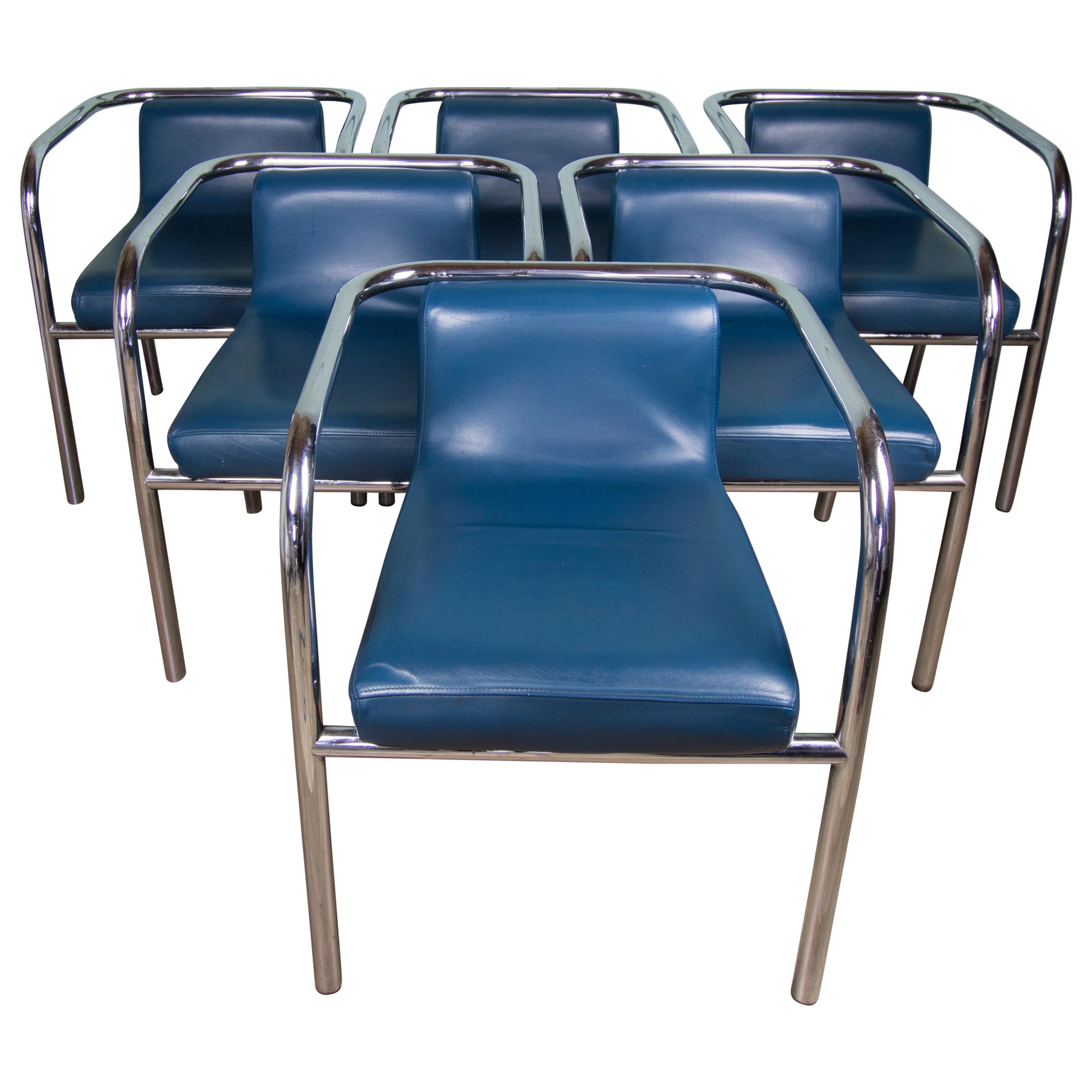 Set of Six Modernist tubular Steel chairs with Blue Leather seats