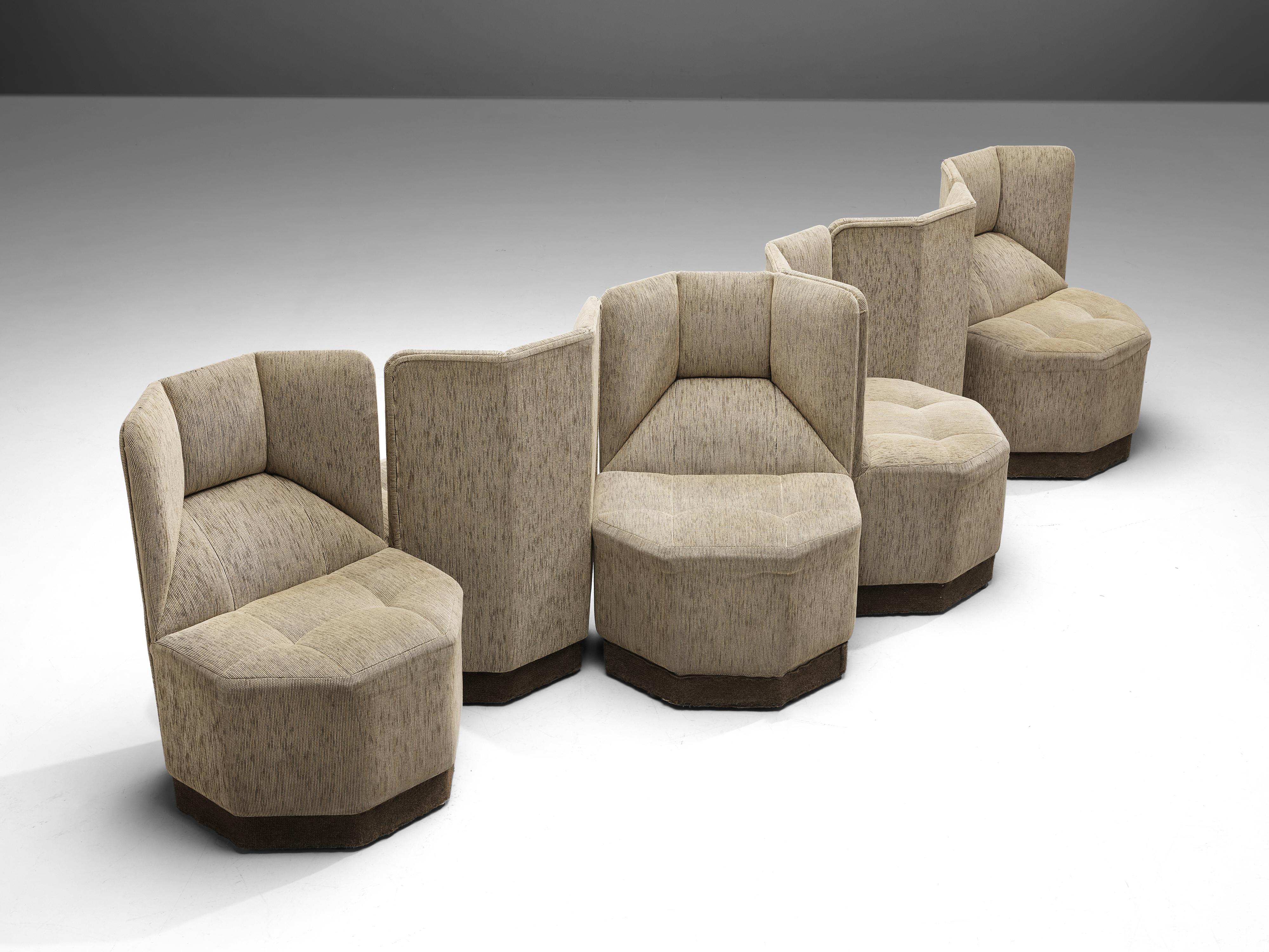Late 20th Century Set of Six Modular Octagonal Chairs in Grey Fabric Upholstery