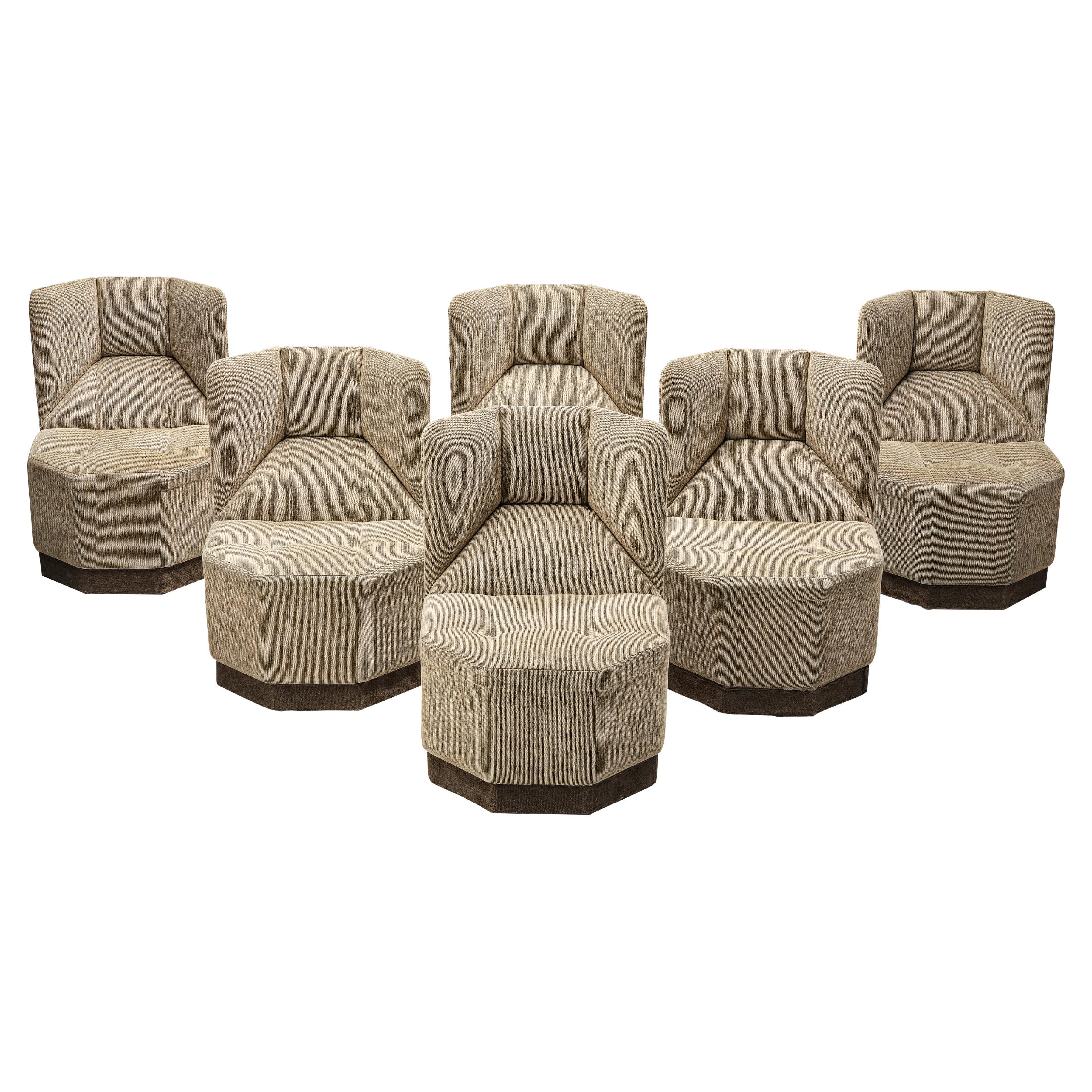 Set of Six Modular Octagonal Chairs in Grey Fabric Upholstery