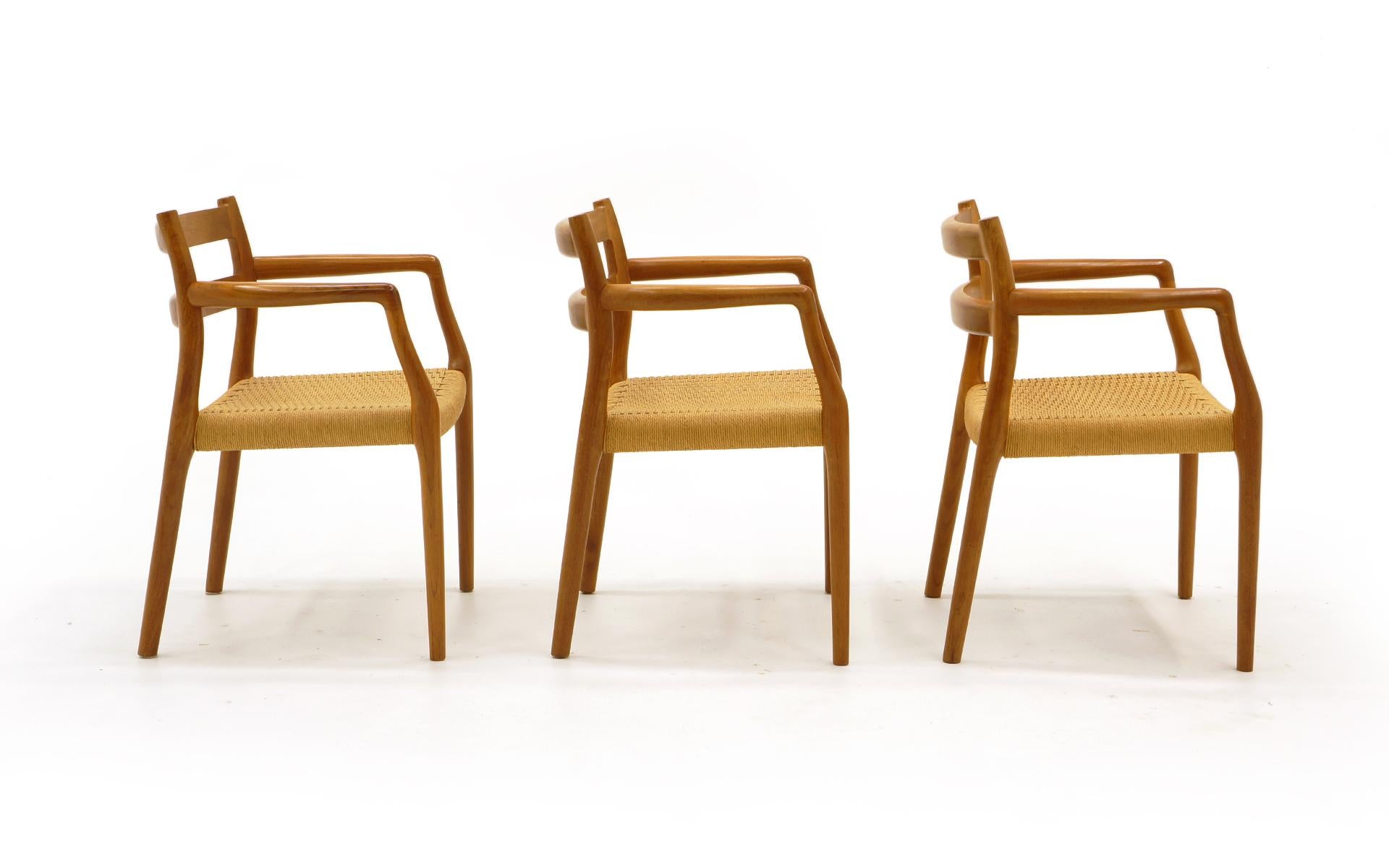 Danish Set of Six Moller Dining Chairs, All Armchairs, Teak and Paper Cord Seats
