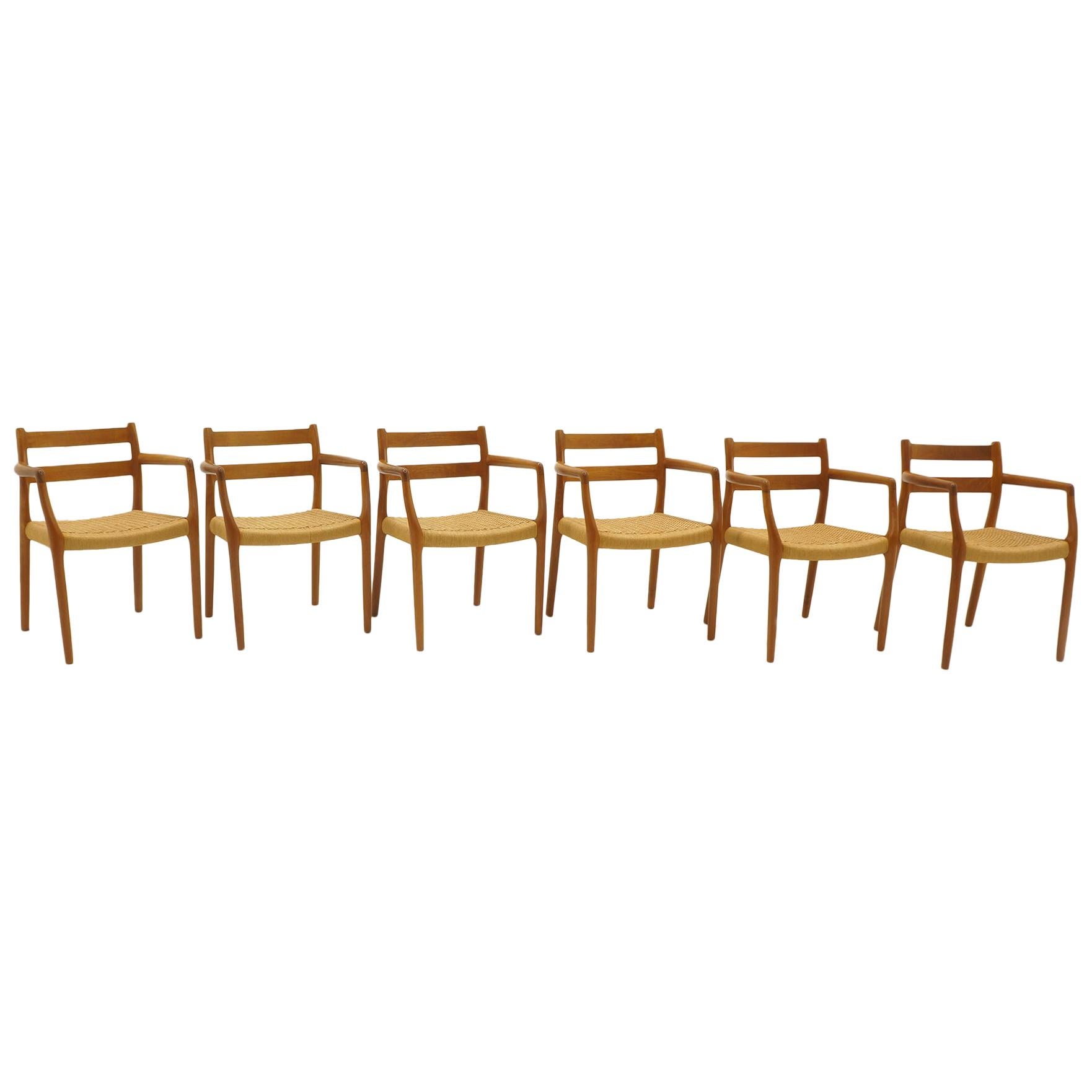 Set of Six Moller Dining Chairs, All Armchairs, Teak and Paper Cord Seats