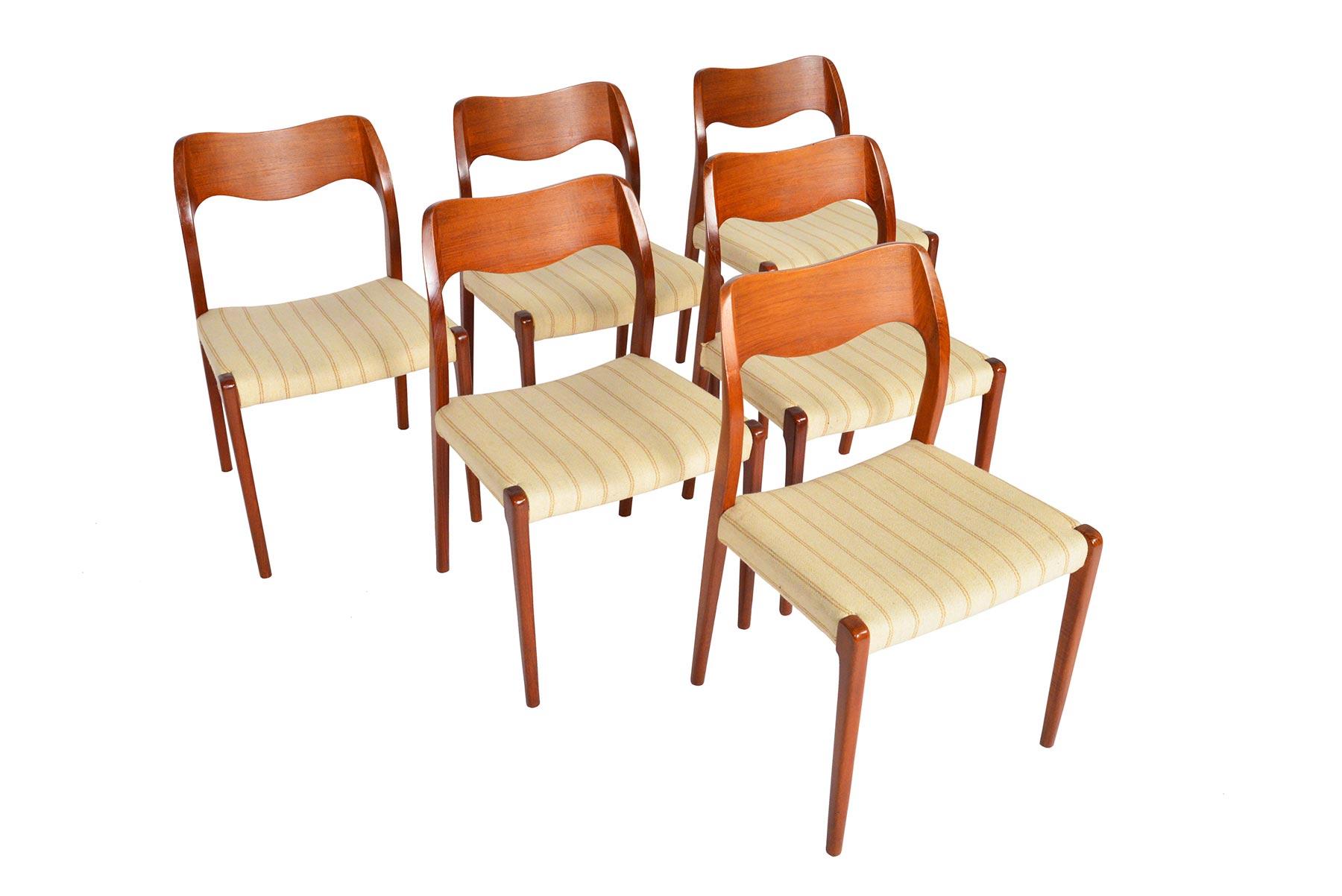 This set of six Møller Model 71 dining chairs in teak are a rare find. Designed in 1951 by Niels Otto Møller for J.L. Møllers Møbelfabrik, this set boasts superior craftsmanship throughout. This quintessential Scandinavian set offers a timeless