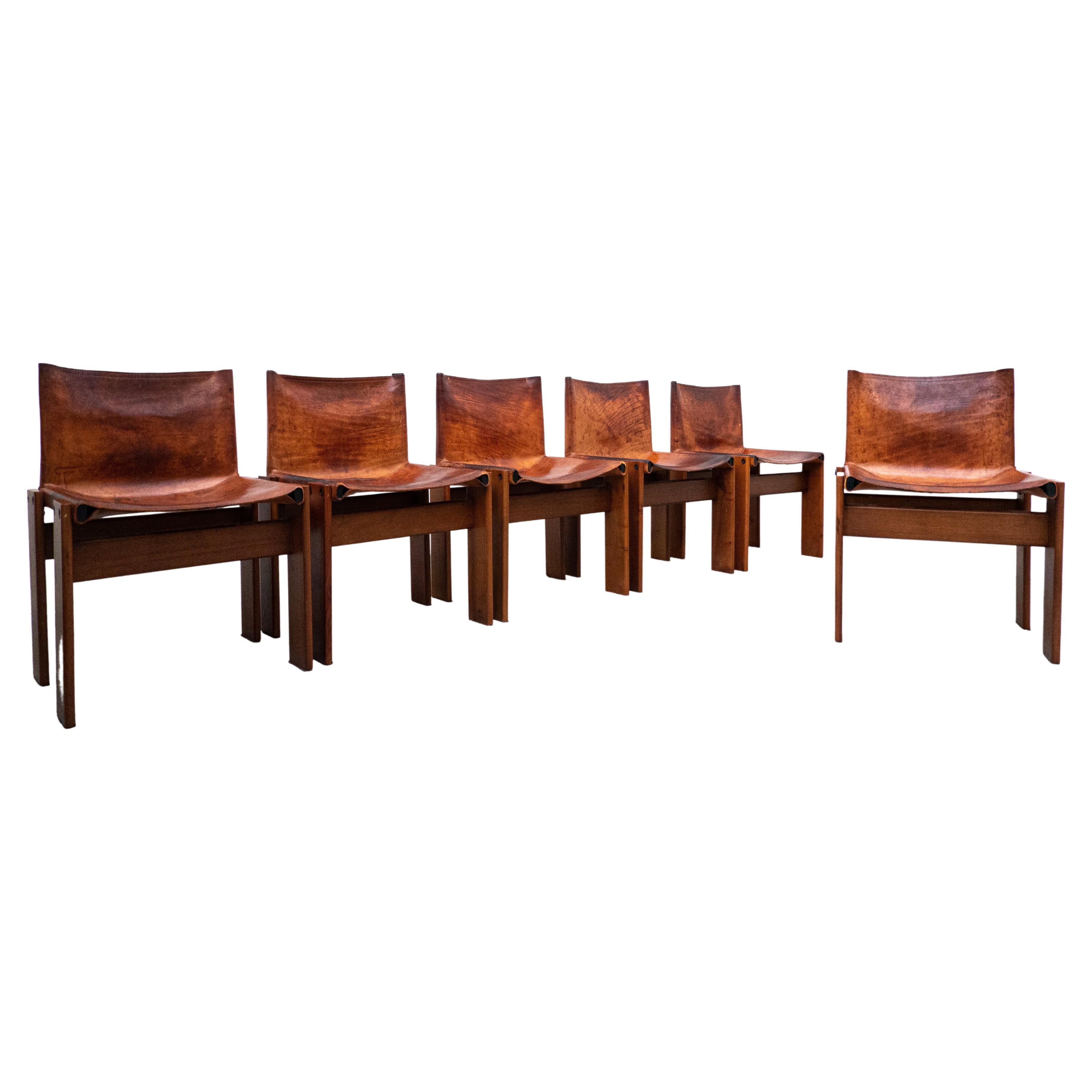 Set of Six "Monk" Chairs by Afra & Tobia Scarpa in Caramel Leather, 1970s, Italy