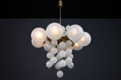 Set of Six Monumental 1960s Czech Brass Frosted Glass Globe Chandeliers