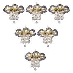 Set of Six Monumental Czech Brass & Bohemian Glass Chandeliers 1960s