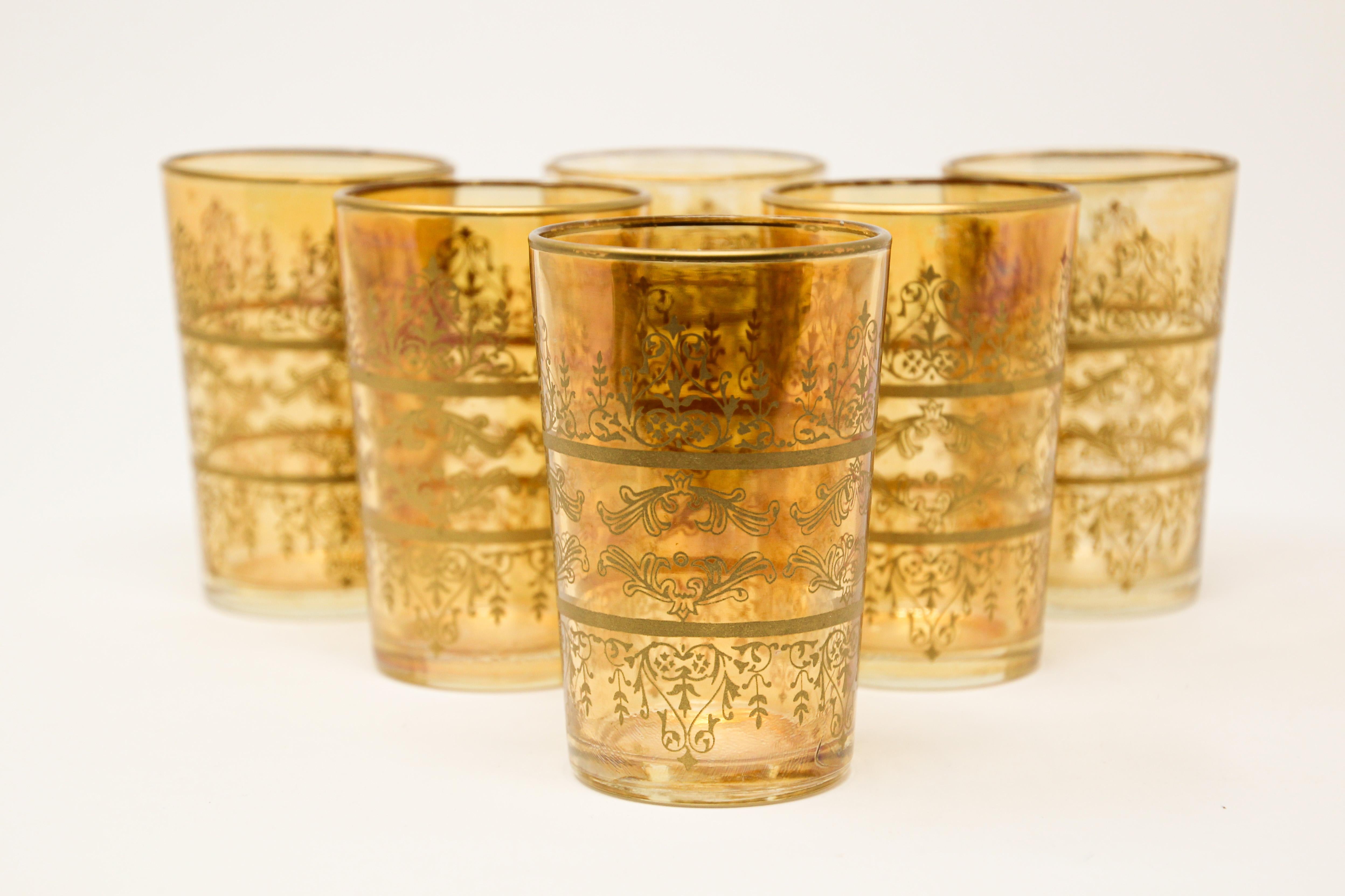 20th Century Moroccan Moorish Glasses with Amber and Gold Design Set of Six  For Sale