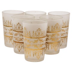 Set of Six Moroccan Moorish Glasses, White Frosted & Gold, Handmade