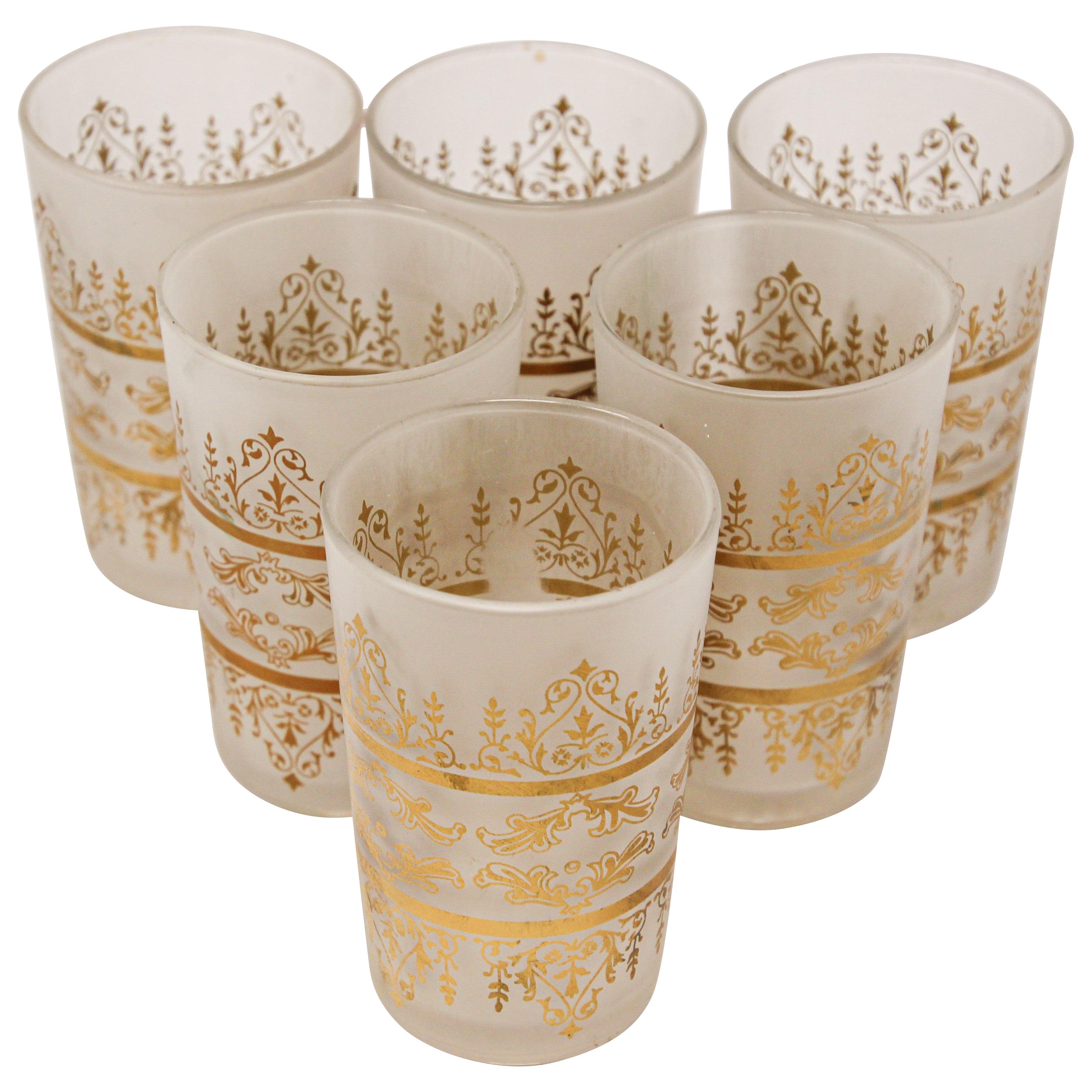Moroccan Moorish White Frosted and Gold Glasses Set of 6