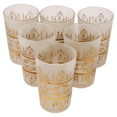 Set of Six Moroccan Moorish Glasses, White Frosted & Gold, Handmade
