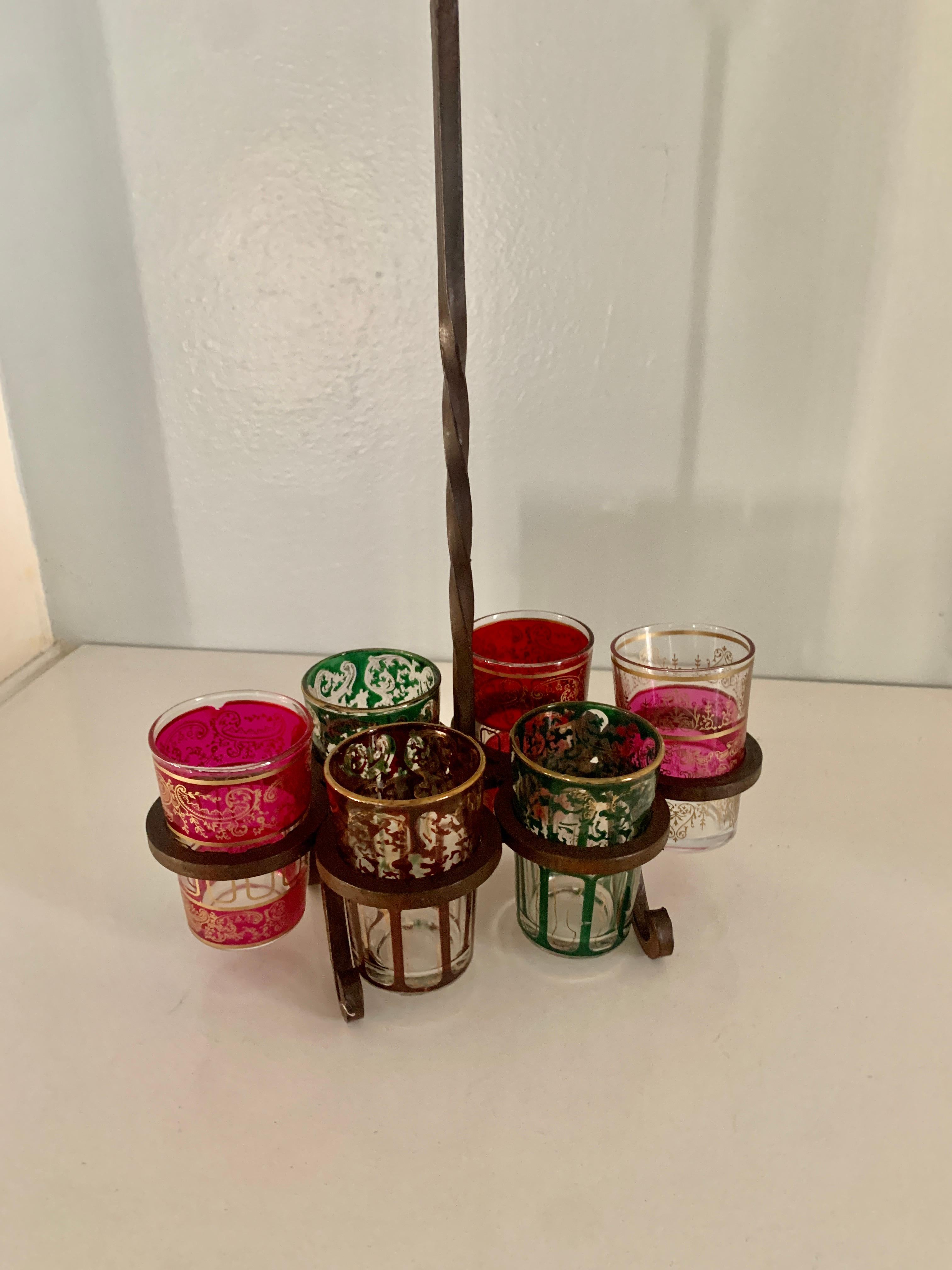 Mid-Century Modern Set of Six Moroccan Drinking Glasses in Wrought Iron Caddy