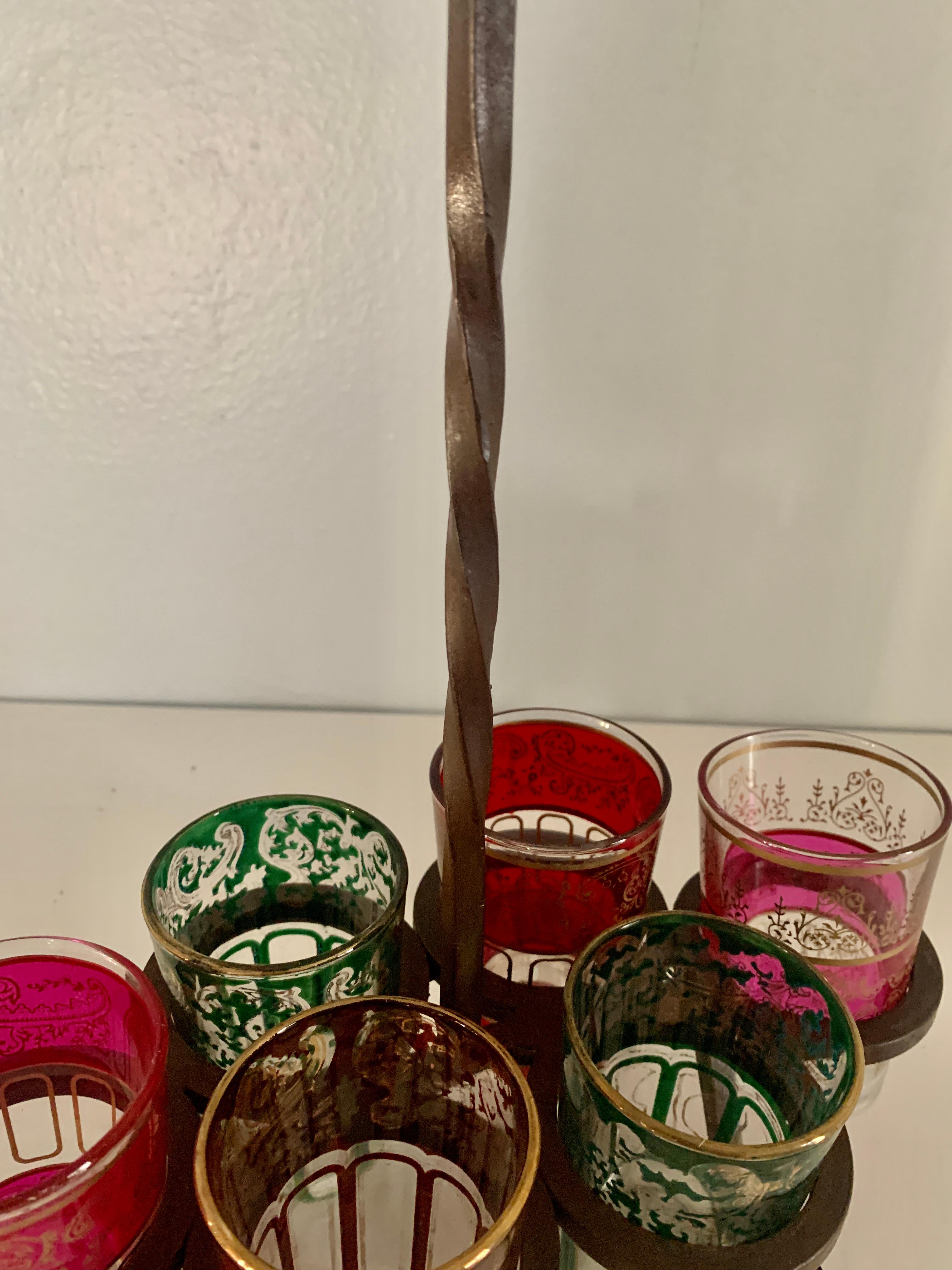 Set of Six Moroccan Drinking Glasses in Wrought Iron Caddy In Good Condition In Los Angeles, CA