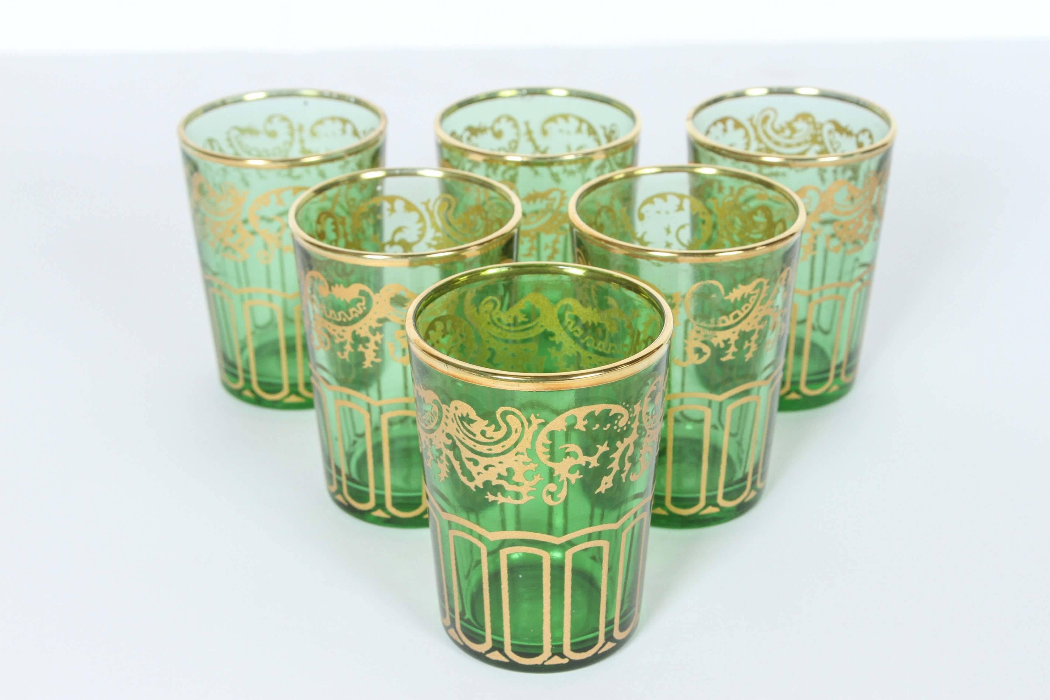 Set of Six Moroccan Green and Gold Moorish Glasses In Excellent Condition In North Hollywood, CA