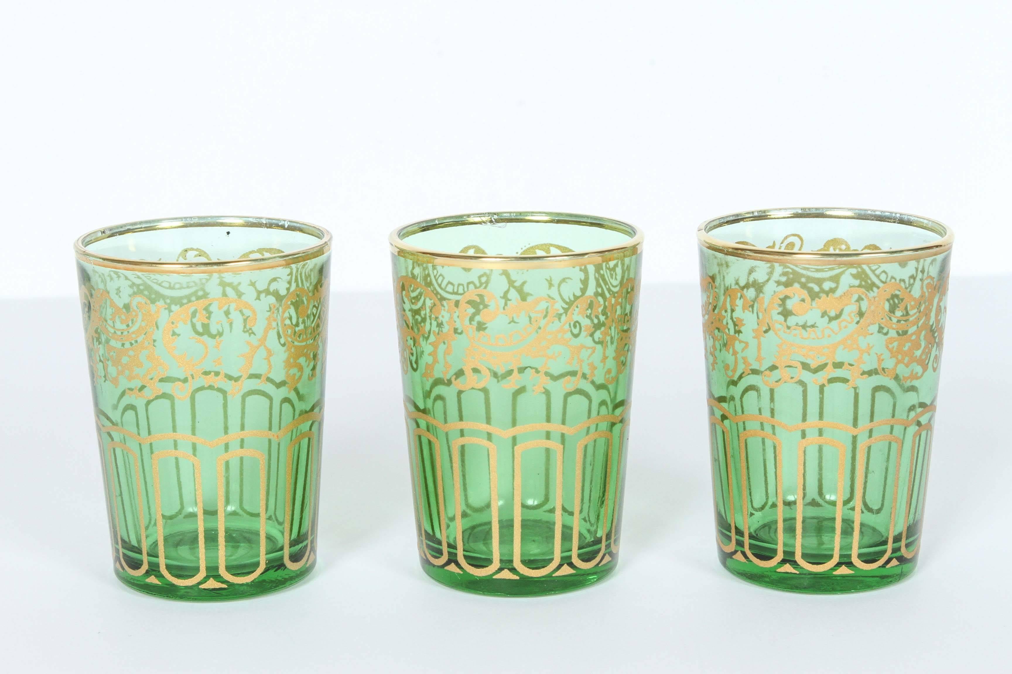 20th Century Set of Six Moroccan Green and Gold Moorish Glasses