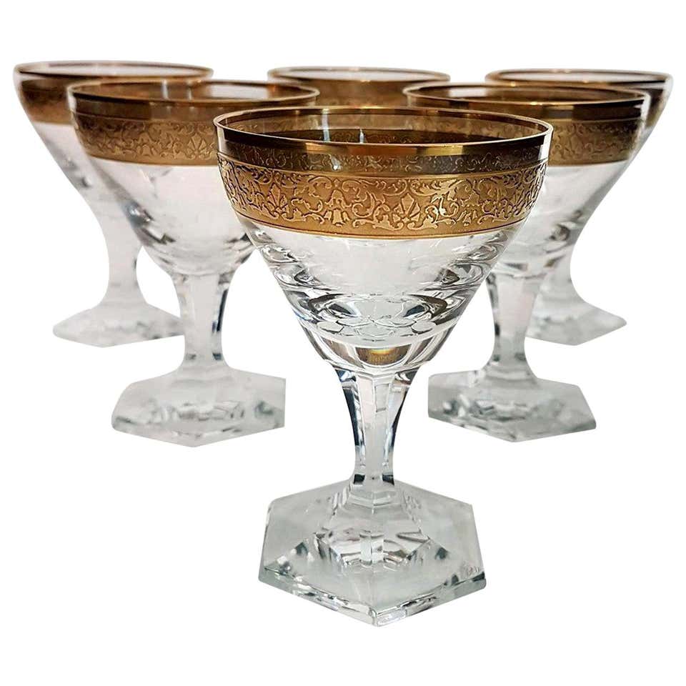 Set of Six Moser Clear Crystal Liquor Glasses with Gilded and Etched ...