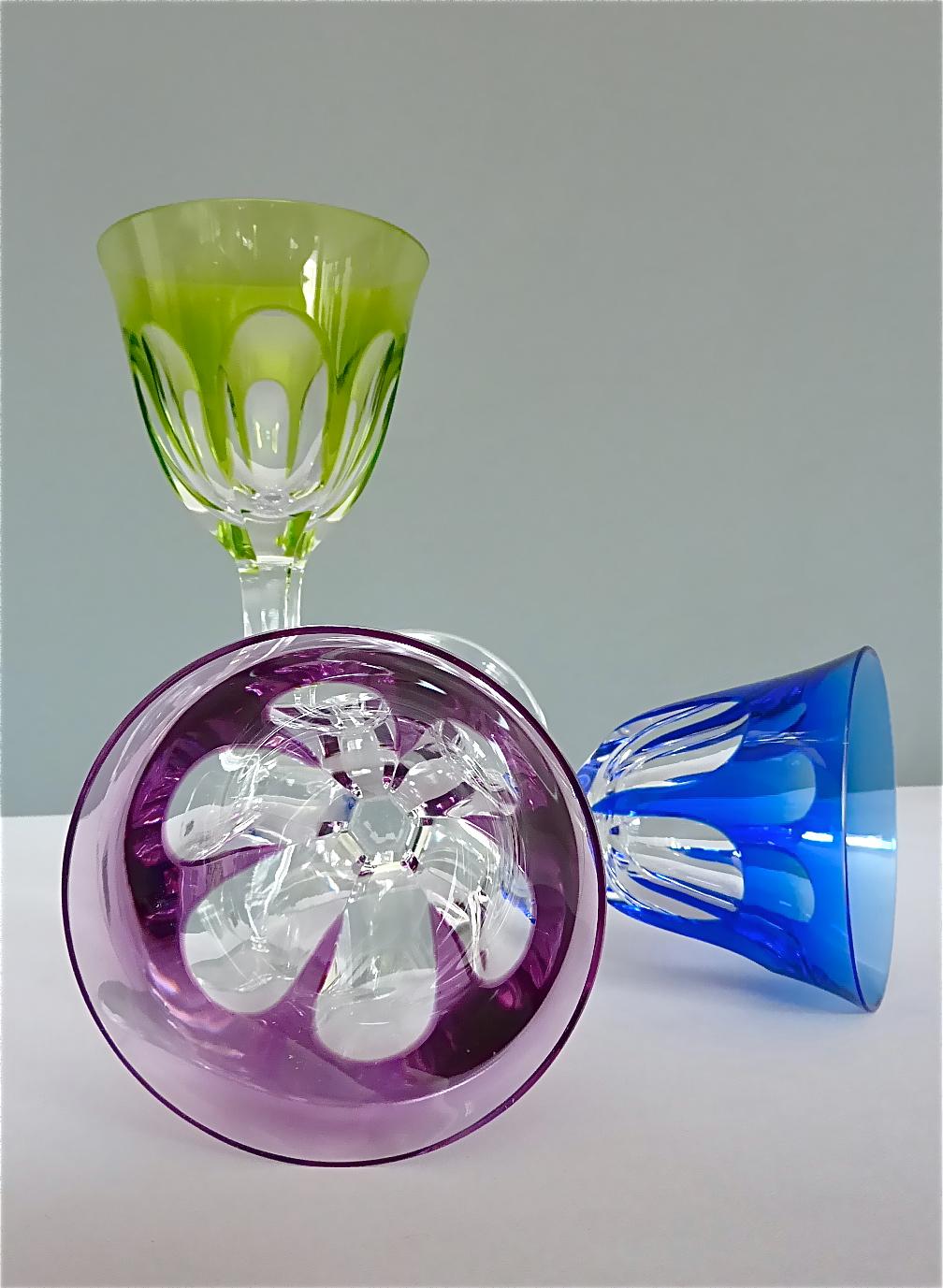 Mid-20th Century Set of Six Moser Crystal Cut Wine Glasses Stemware Saint Louis Baccarat Style