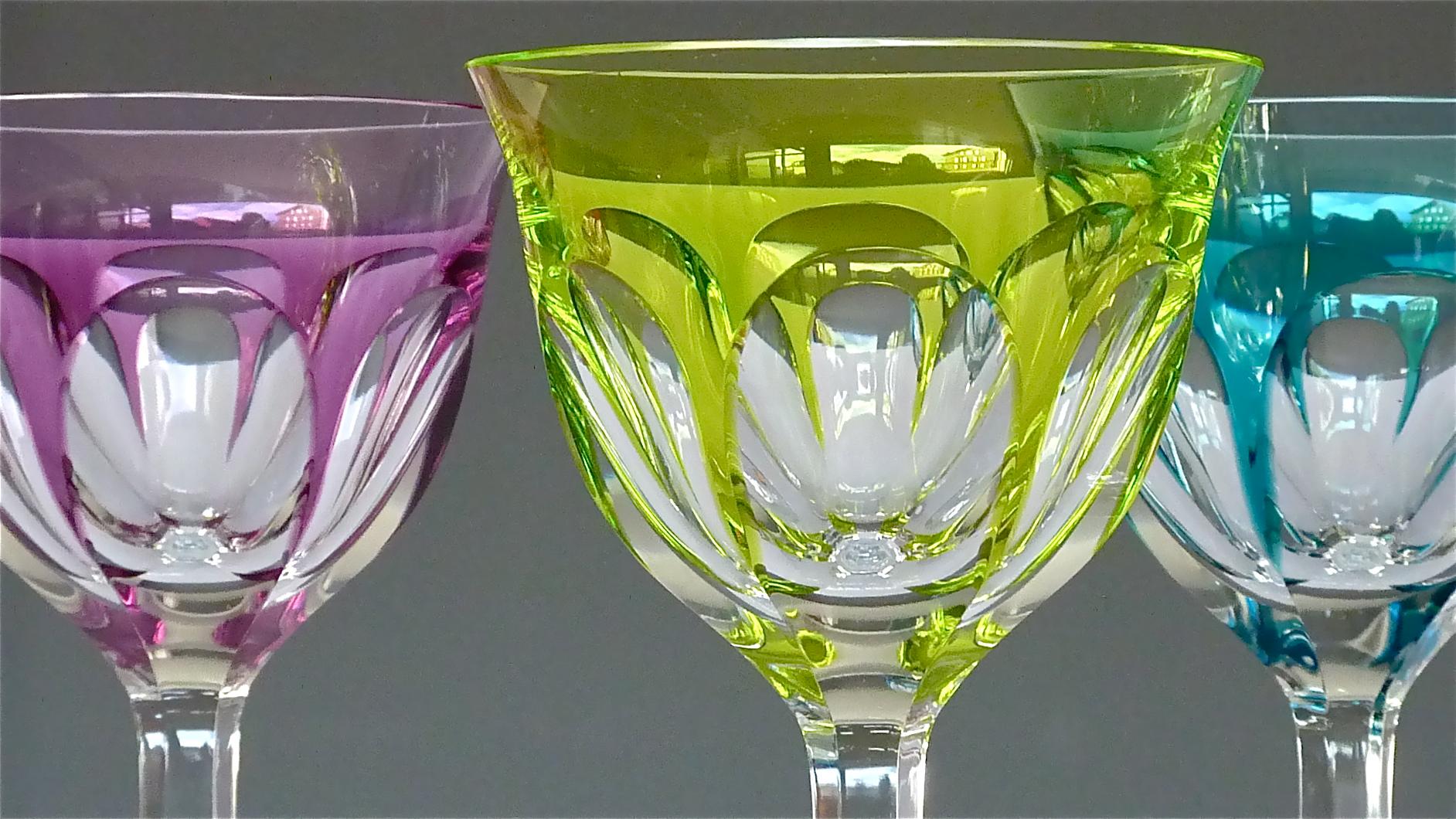 Mid-Century Modern Set of Six Moser Crystal Cut Wine Glasses Stemware Saint Louis Baccarat Style