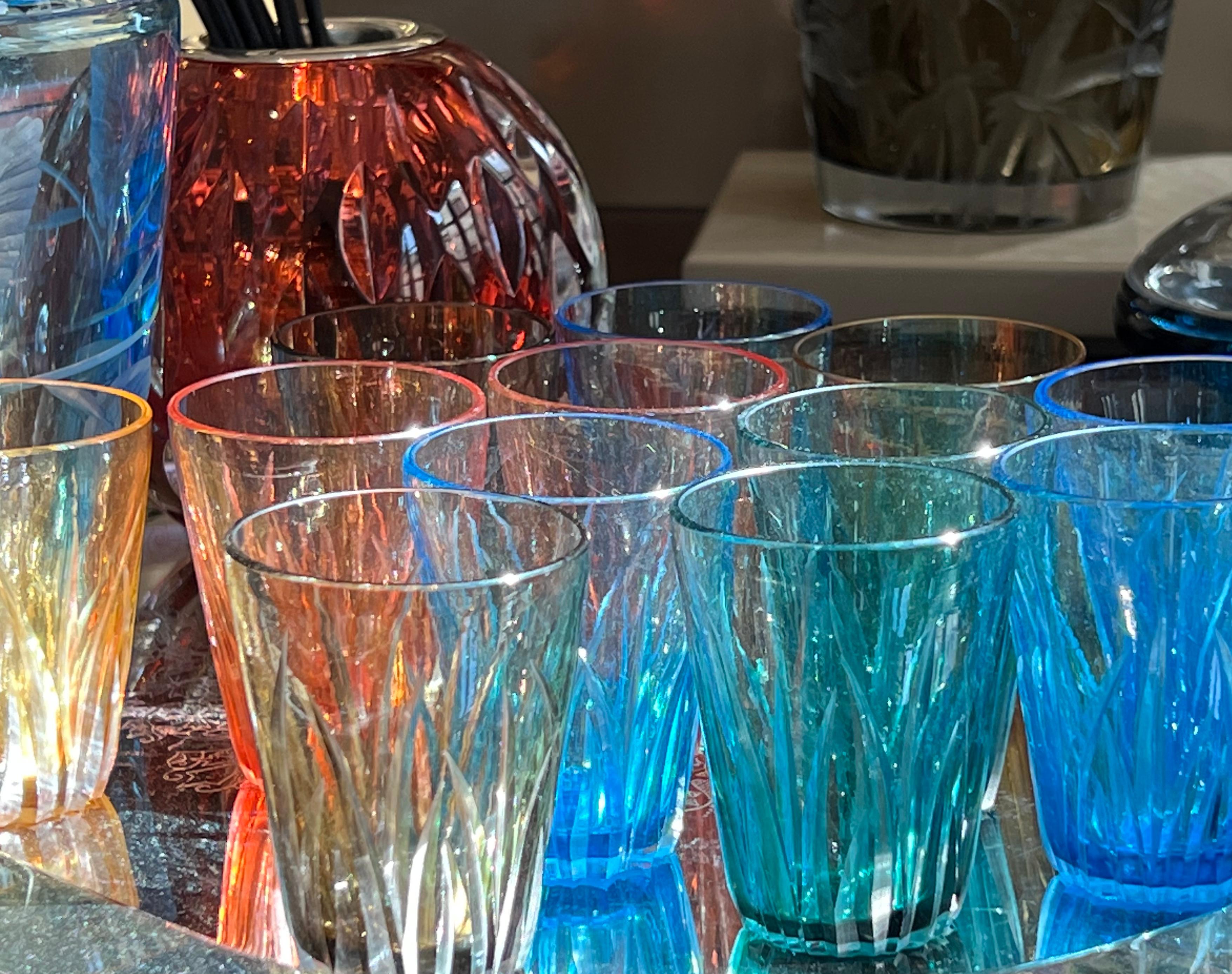 Set of Six Mouth Blown Hand Carved Multi-Color Shot Glasses 8