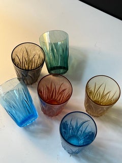 Set of Six Mouth Blown Hand Carved Multi-Color Shot Glasses
