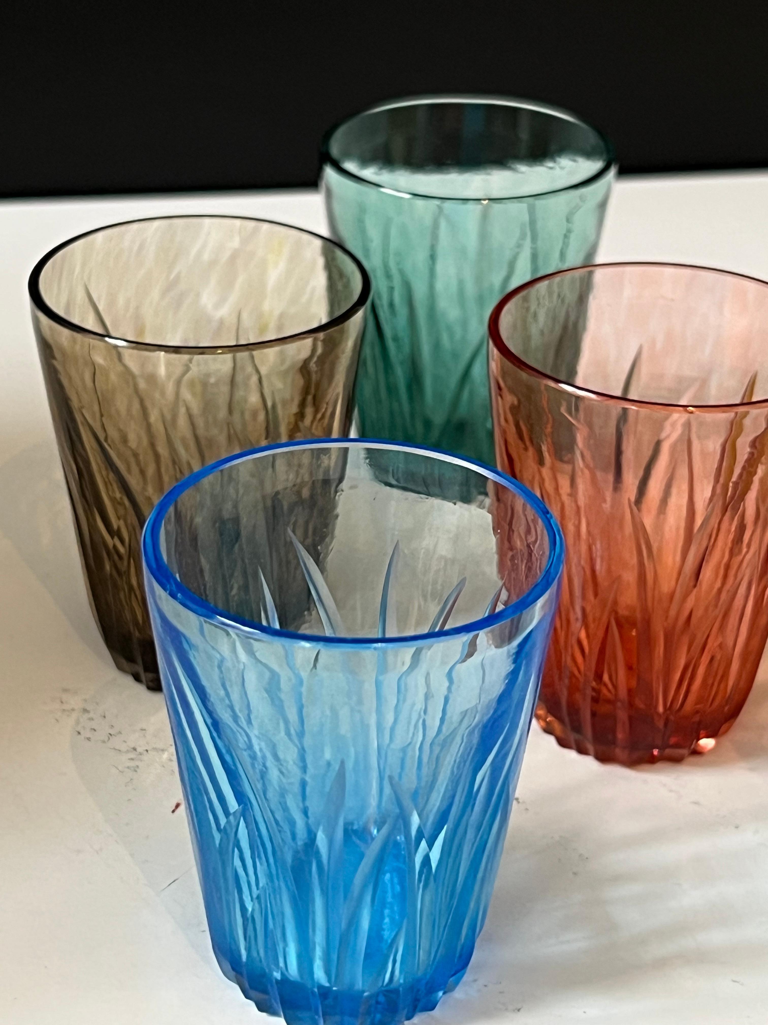 European Set of Six Mouth Blown Hand Carved Multi-Color Shot Glasses