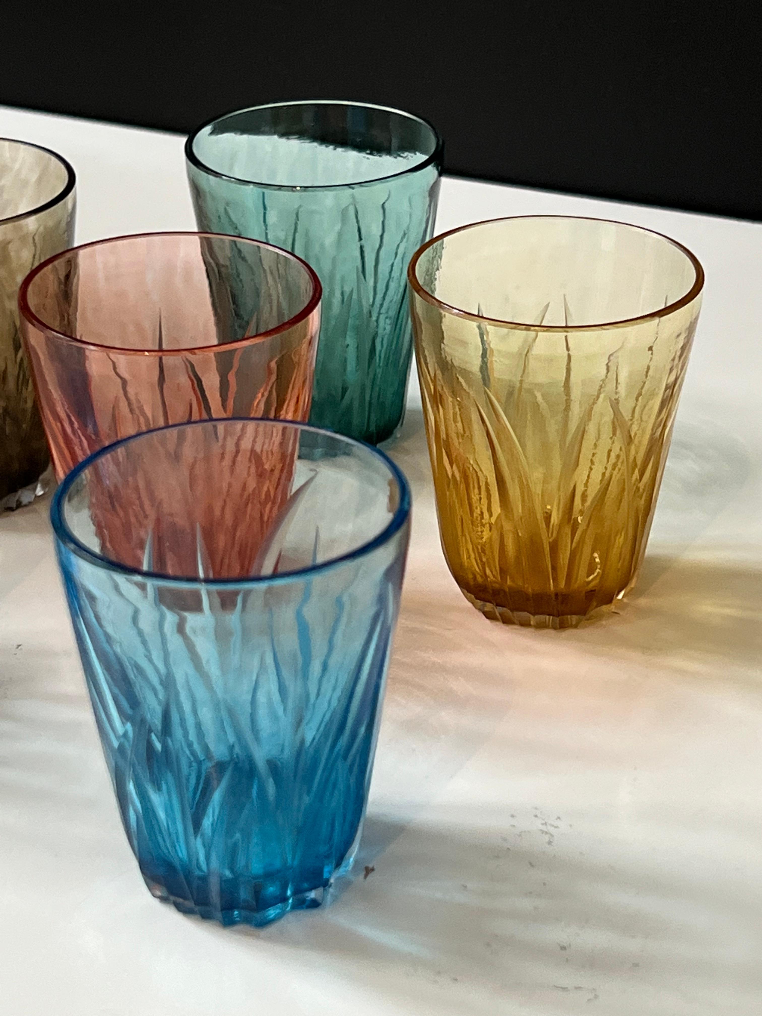 Hand-Crafted Set of Six Mouth Blown Hand Carved Multi-Color Shot Glasses