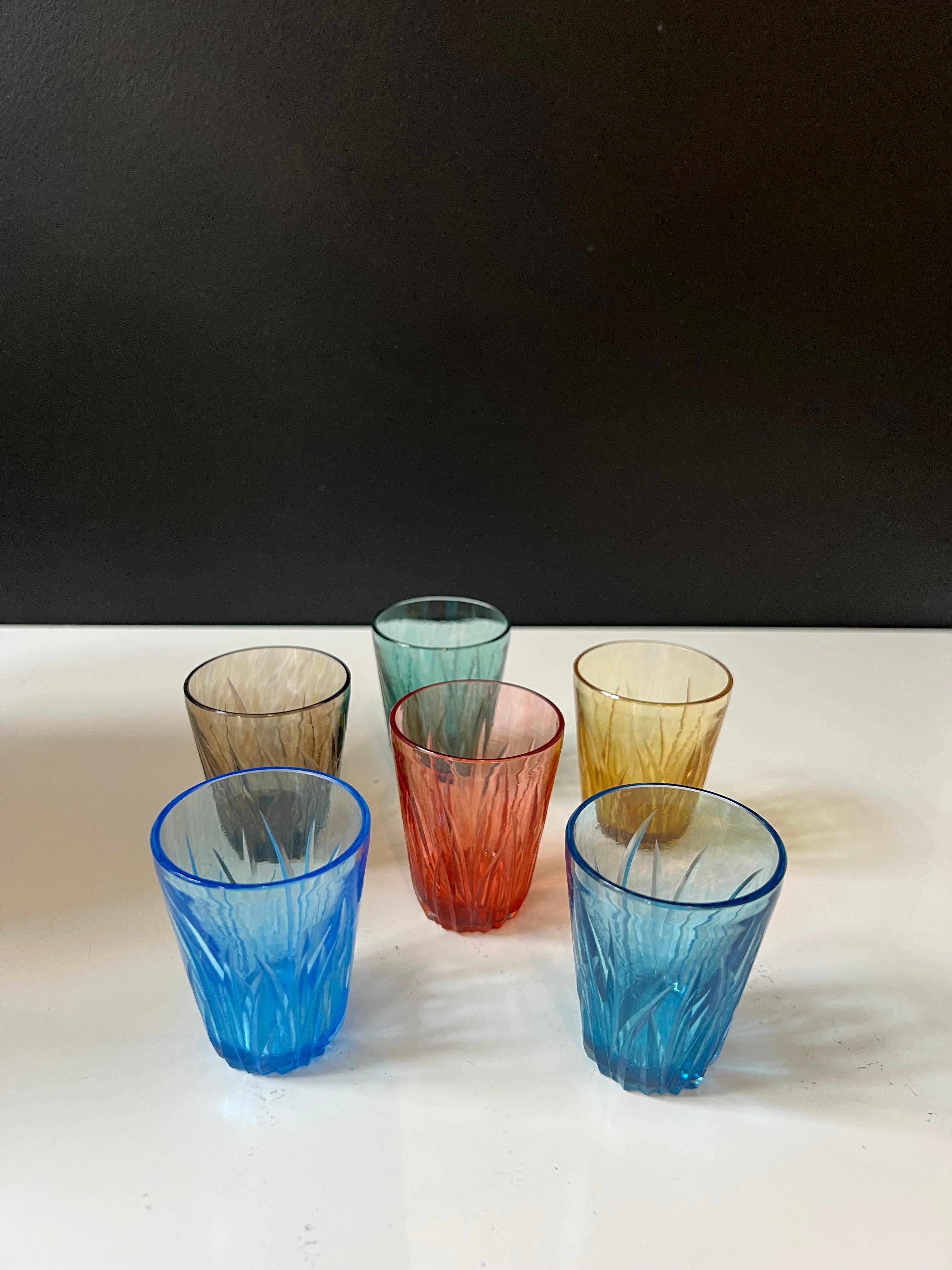 Contemporary Set of Six Mouth Blown Hand Carved Multi-Color Shot Glasses