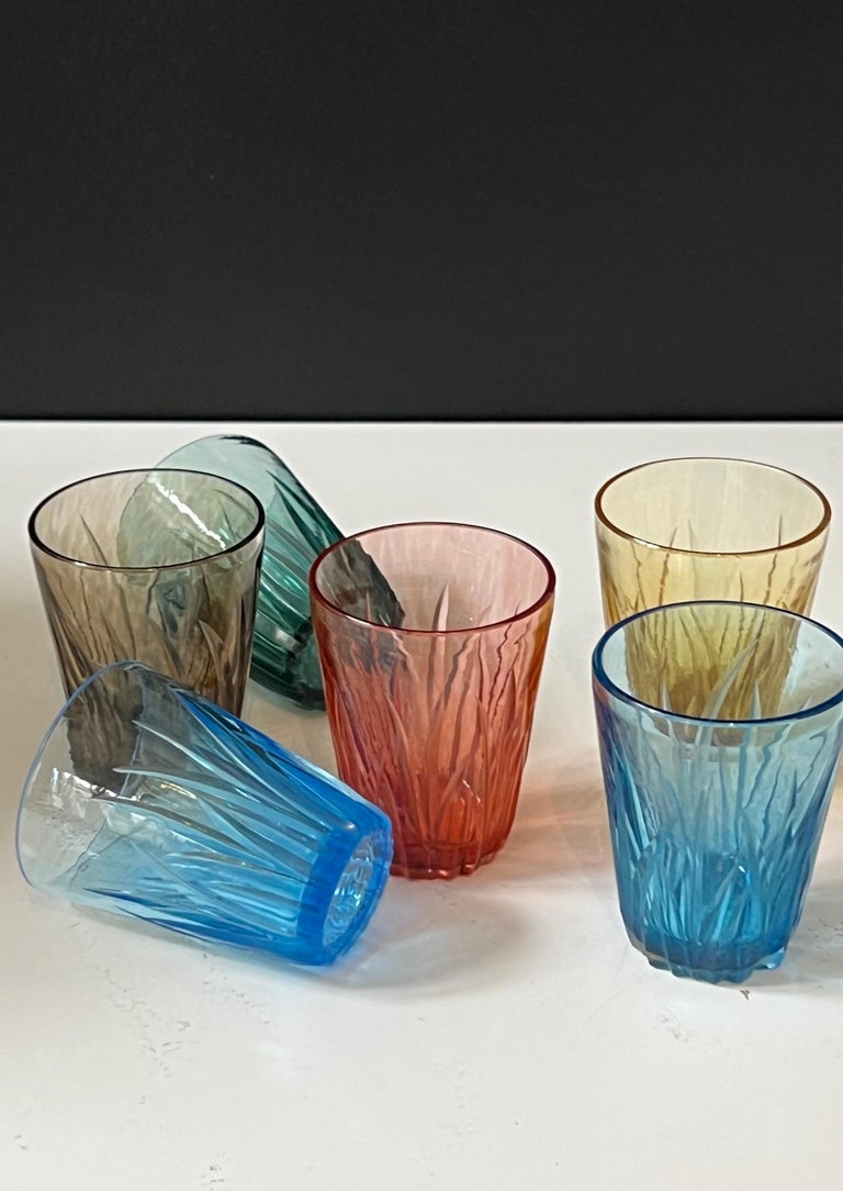 Set of Six Mouth Blown Hand Carved MultiColor Shot Glasses For Sale at