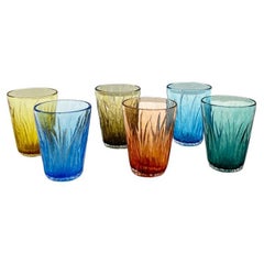 Set of Six Mouth Blown Hand Carved Multi-Color Shot Glasses