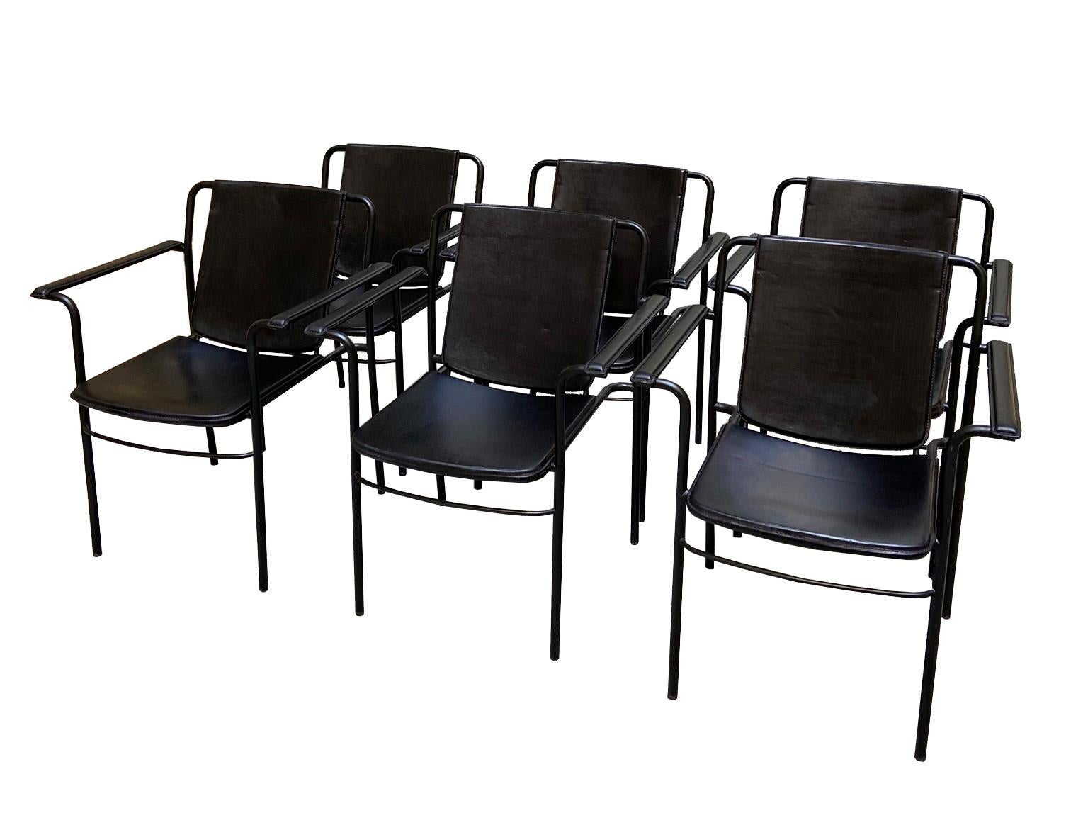 Mario Marenco for Poltrona Frau, set of six 'Movie' armchairs, metal and leather, Italy, 1984.

Set of six of Italian armchairs. The seat are padded and upholstered in black leather. The edges have a black finish. The tubular frame is made of