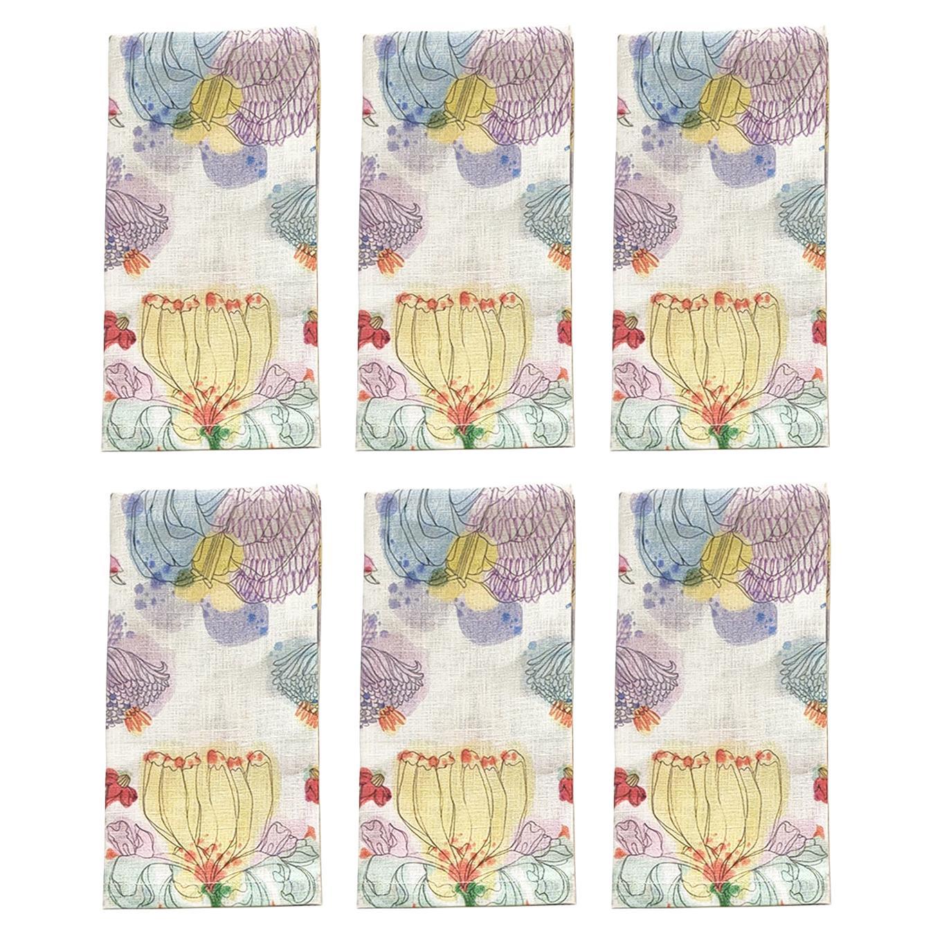 Set of Six Multicolor Floral Linen Voile Napkins "the Grandma's Garden" Design For Sale
