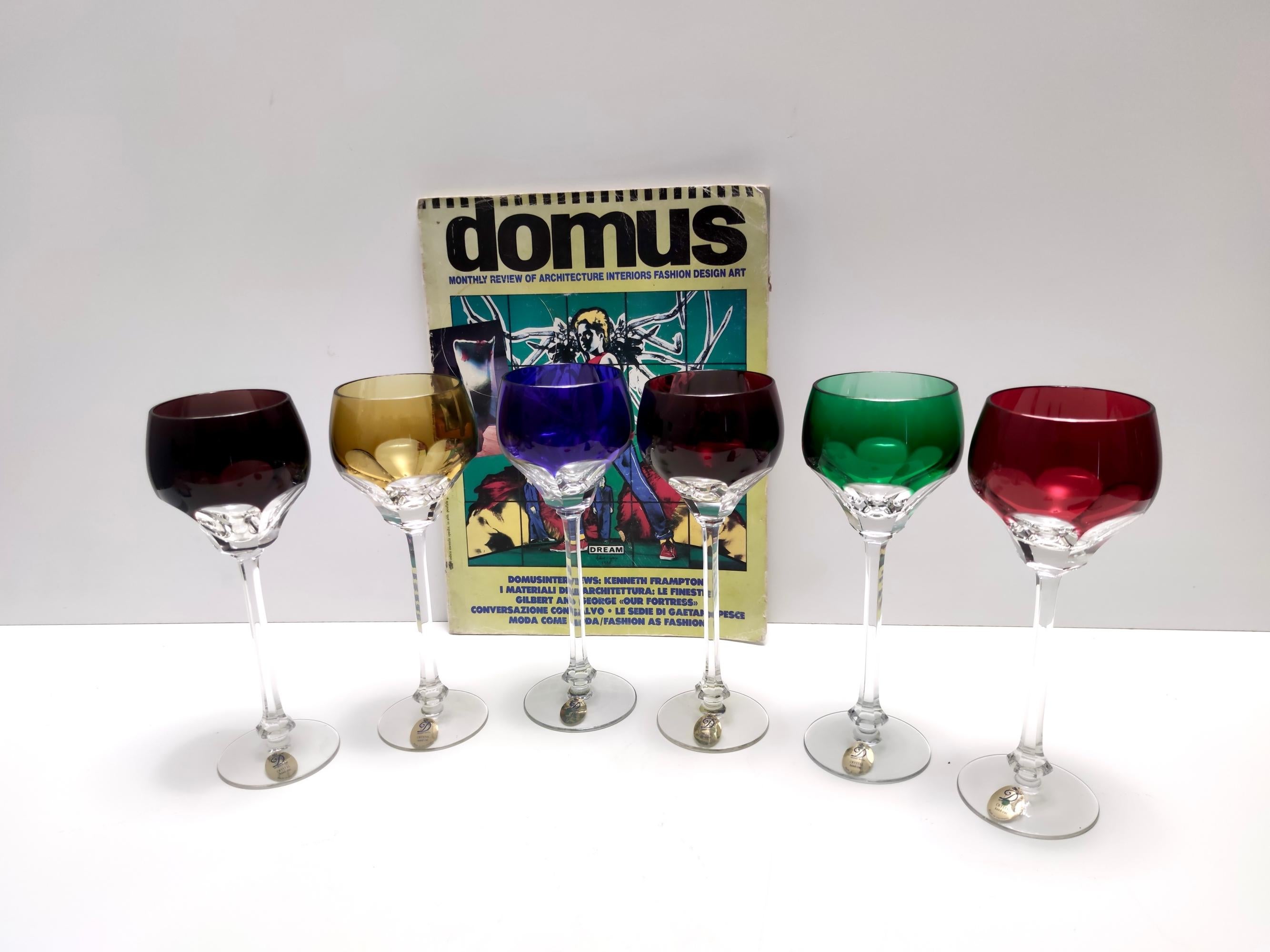 Post-Modern Set of Six Multicolored Bohemian Crystal Drinking Glasses by Dresden Crystal