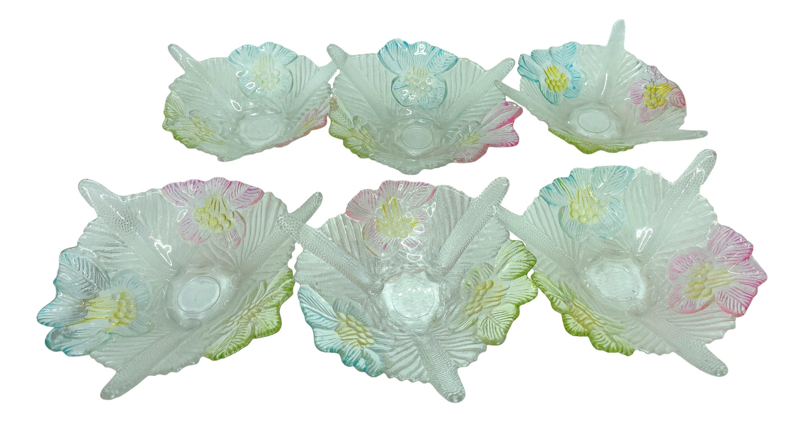 Gorgeous Murano art glass finger food bowls. A beautiful organic shaped bowl in clear glass with colored flowers motif, Italy, 1960s. Each is approximate 2.25