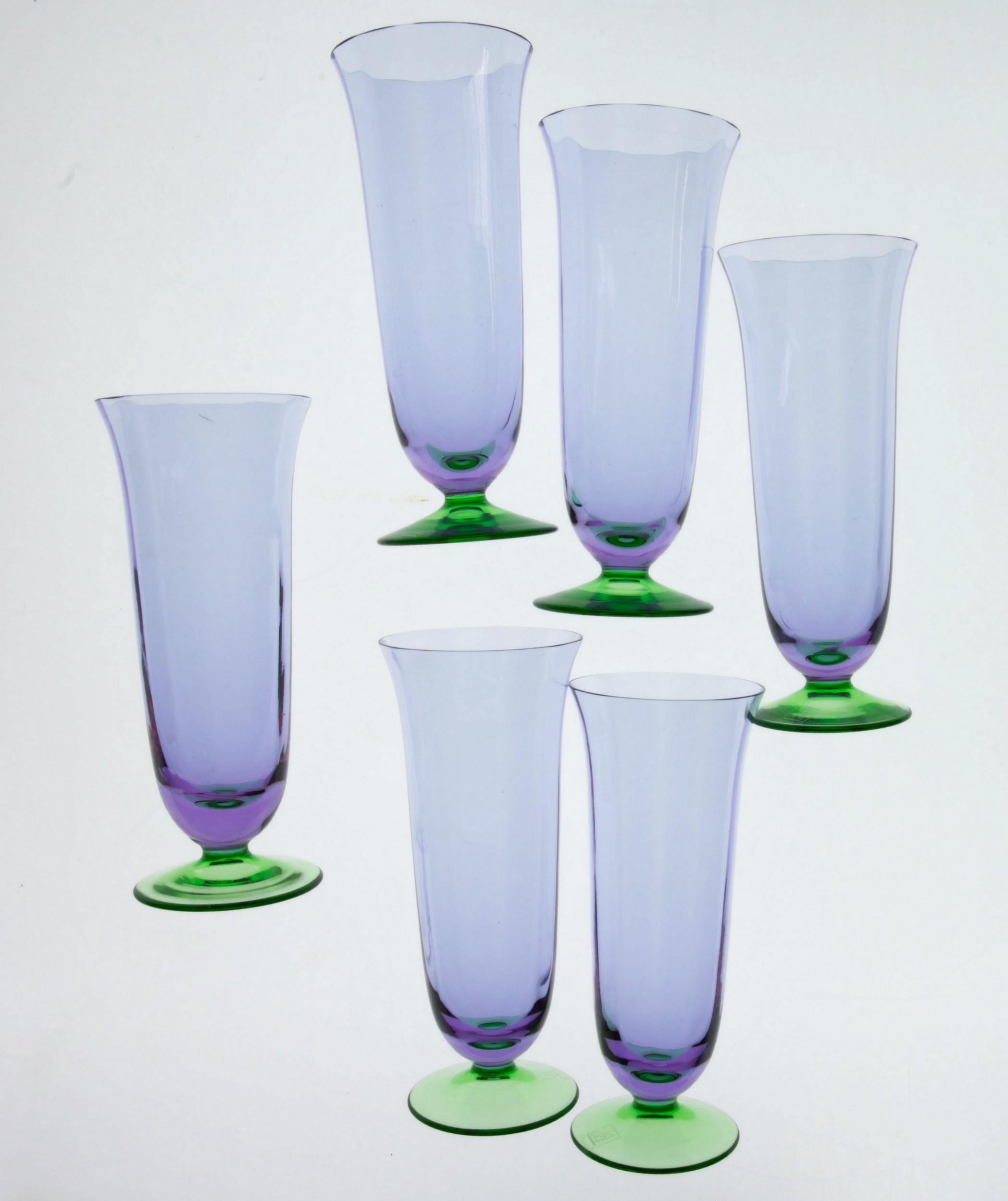 Set of Six Murano Flutes Nason E Moretti, Alexandrite with Green Foot, Signed 12