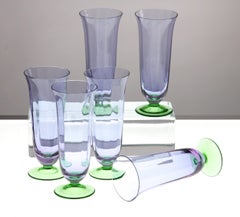 Set of Six Murano Flutes Nason E Moretti, Alexandrite with Green Foot, Signed