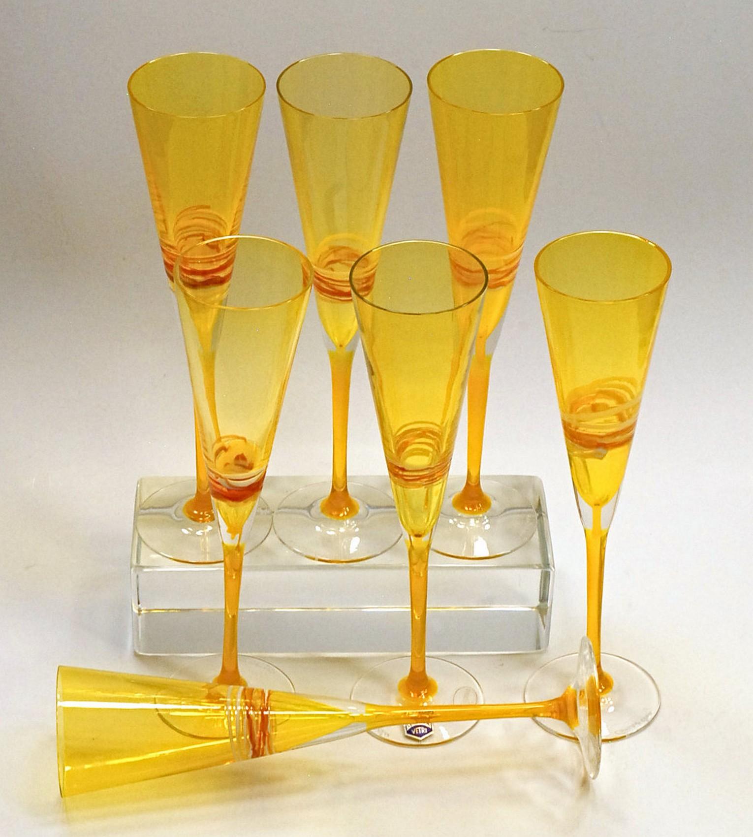 Set of Six Murano Flutes, Uramium Yellow Cenedese, 1960 Signed and Labelled In Good Condition In Tavarnelle val di Pesa, Florence