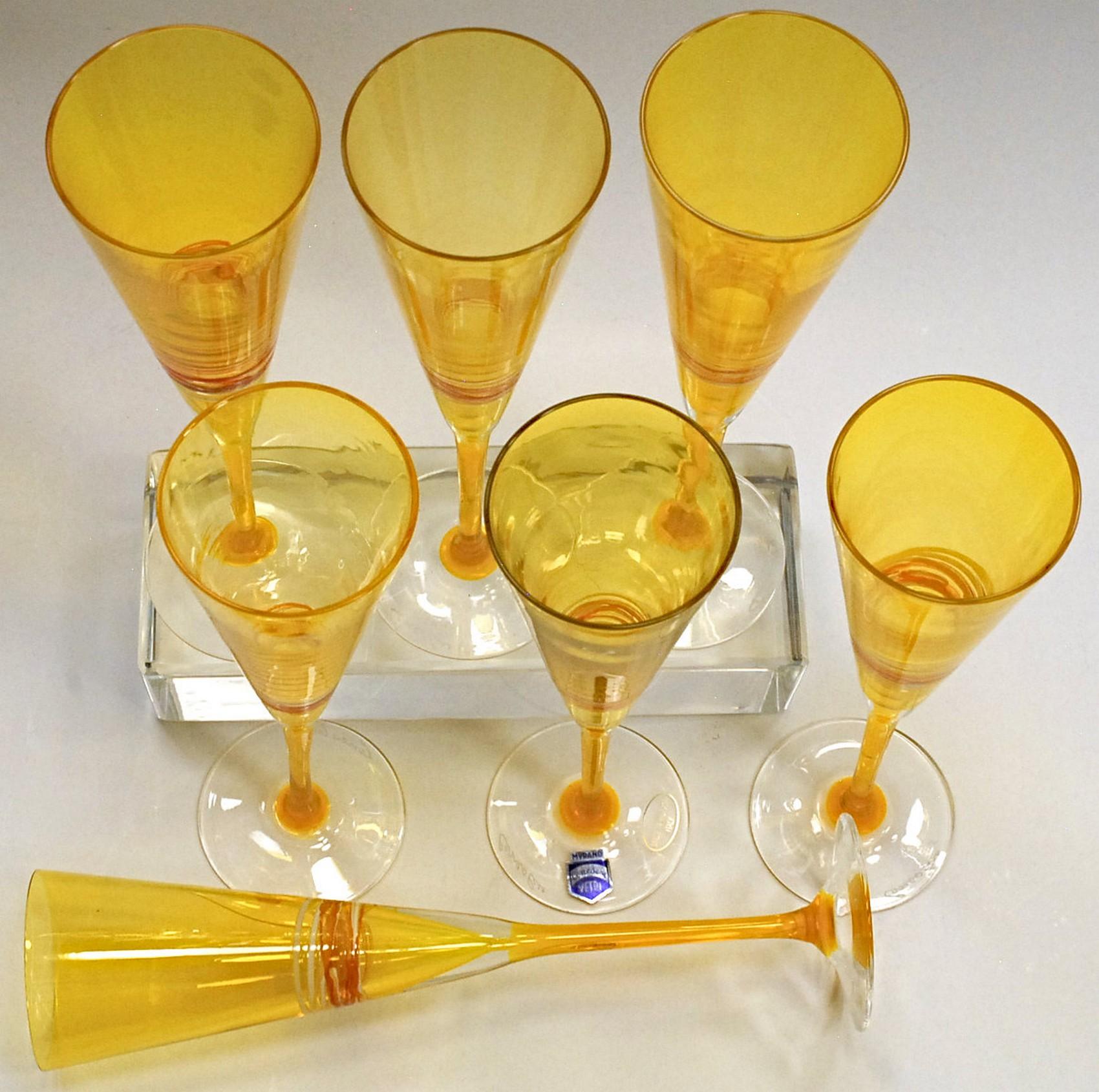Mid-20th Century Set of Six Murano Flutes, Uramium Yellow Cenedese, 1960 Signed and Labelled