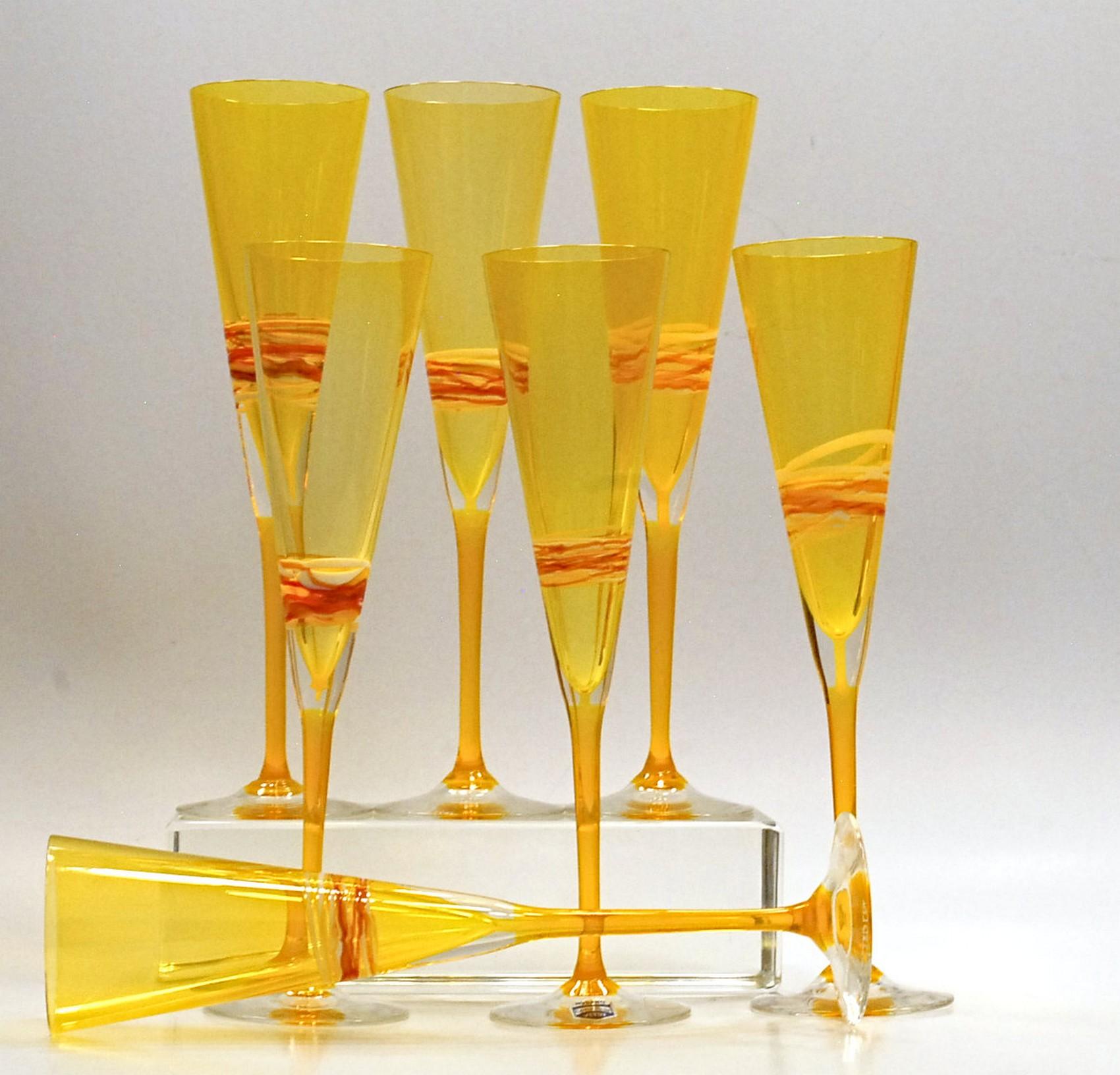 Art Glass Set of Six Murano Flutes, Uramium Yellow Cenedese, 1960 Signed and Labelled