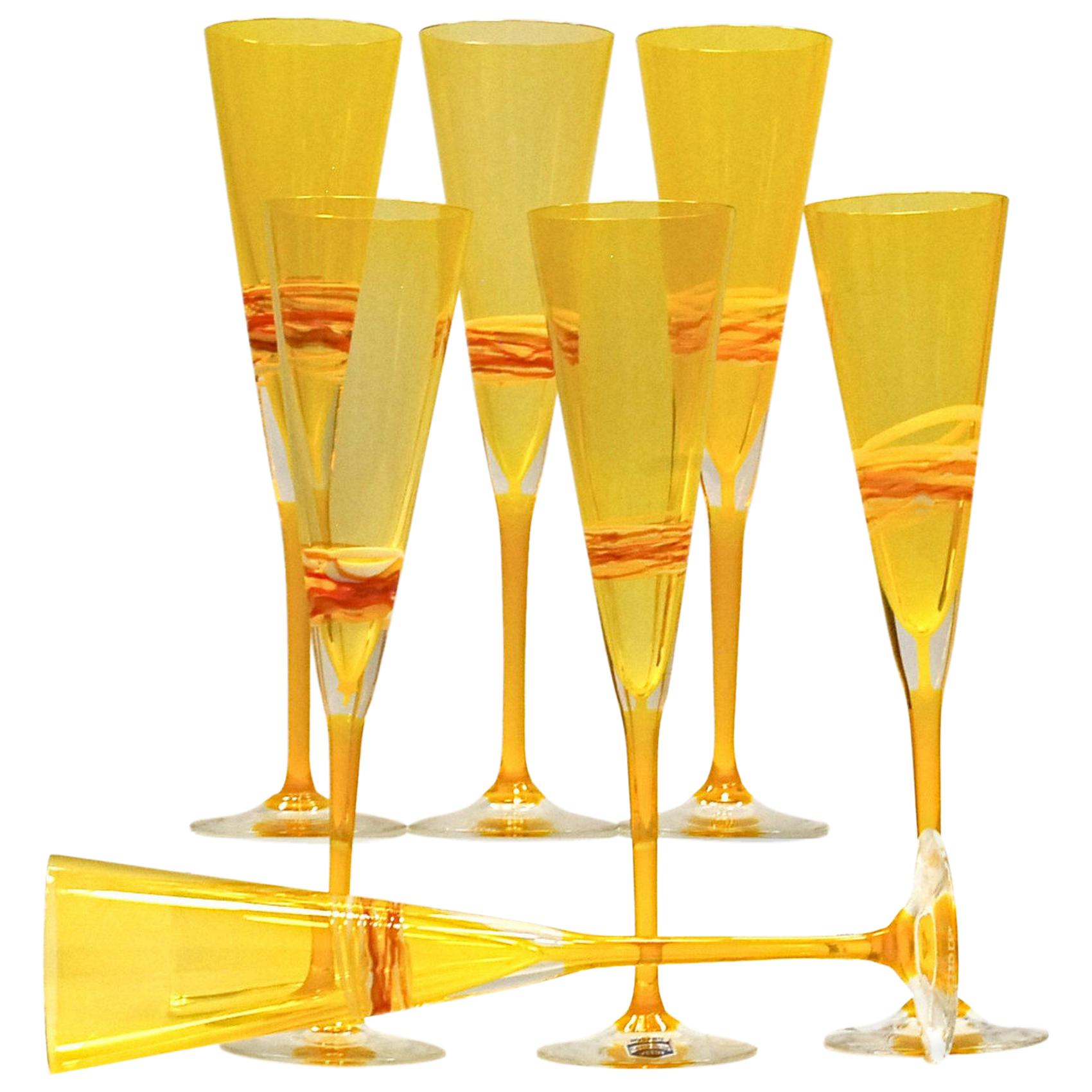 Set of Six Murano Flutes, Uramium Yellow Cenedese, 1960 Signed and Labelled