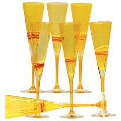 Set of Six Murano Flutes, Uramium Yellow Cenedese, 1960 Signed and Labelled