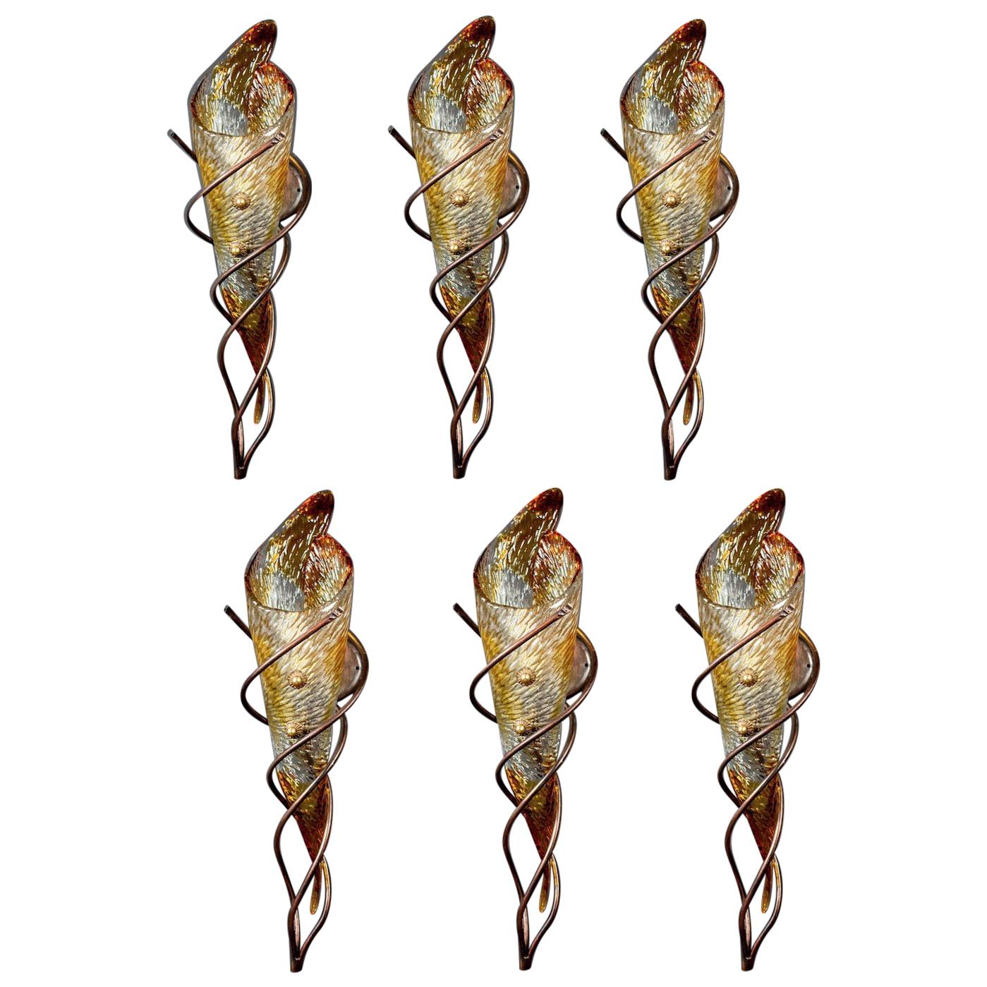 Set of Six Murano Glass Scones or Wall Lights by Mazzega, 1970