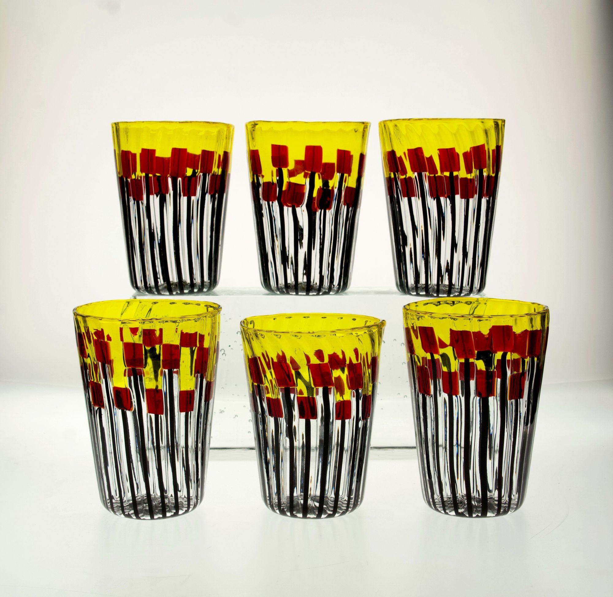 Satz von sechs Murano-Glasbechern, Mohnfeld bei Sonnenaufgang im Angebot 5