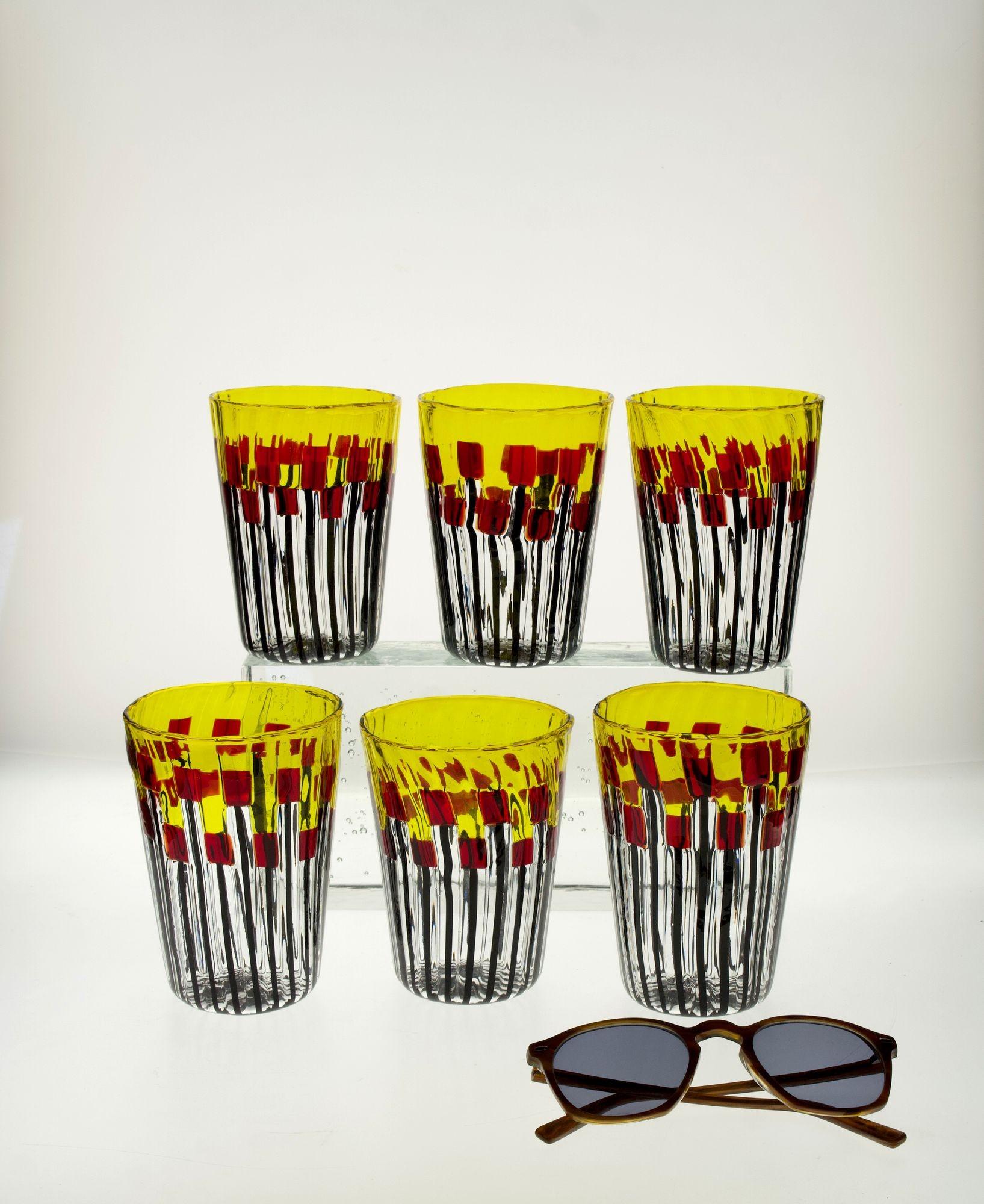 Satz von sechs Murano-Glasbechern, Mohnfeld bei Sonnenaufgang im Angebot 13
