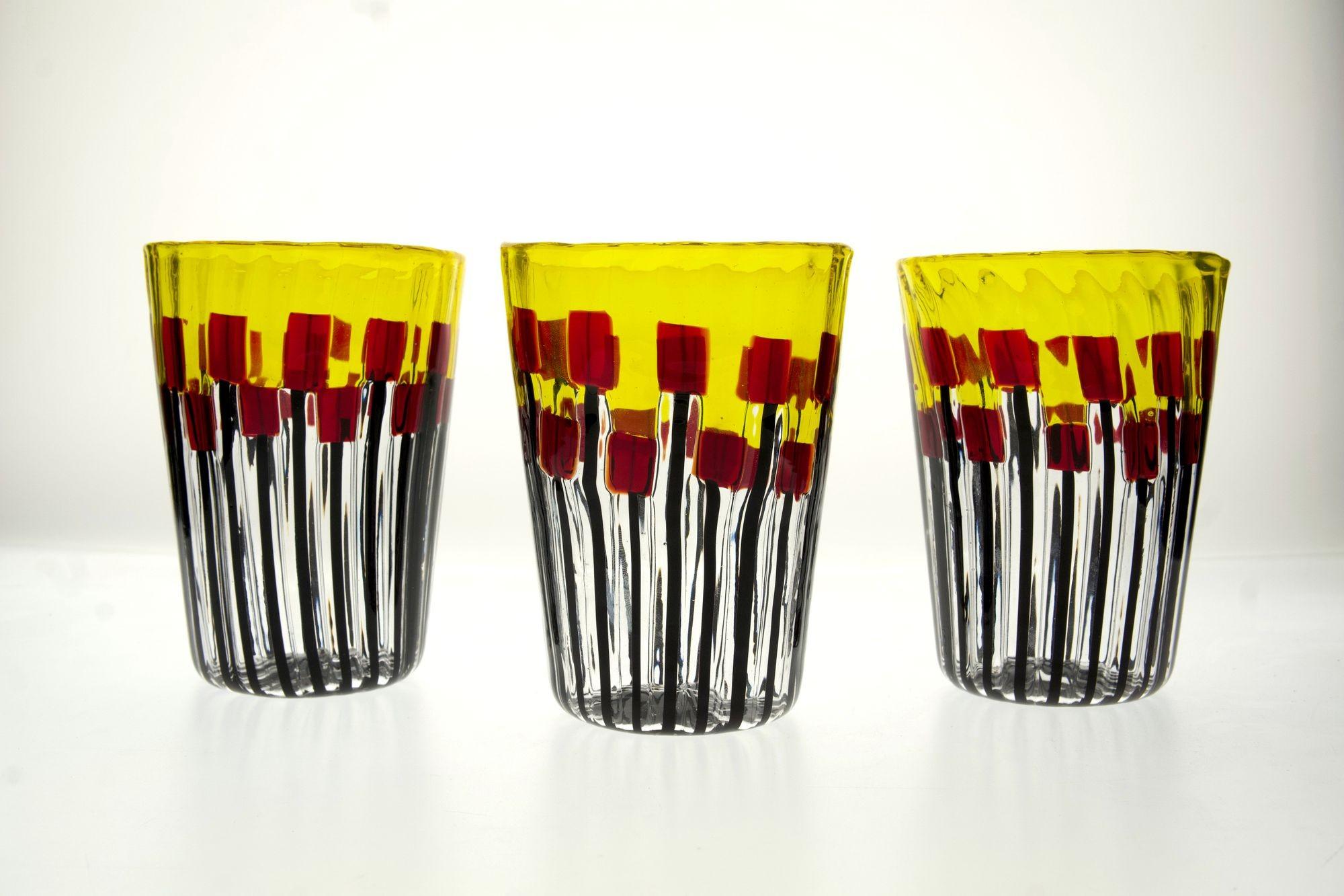 Satz von sechs Murano-Glasbechern, Mohnfeld bei Sonnenaufgang (Muranoglas) im Angebot