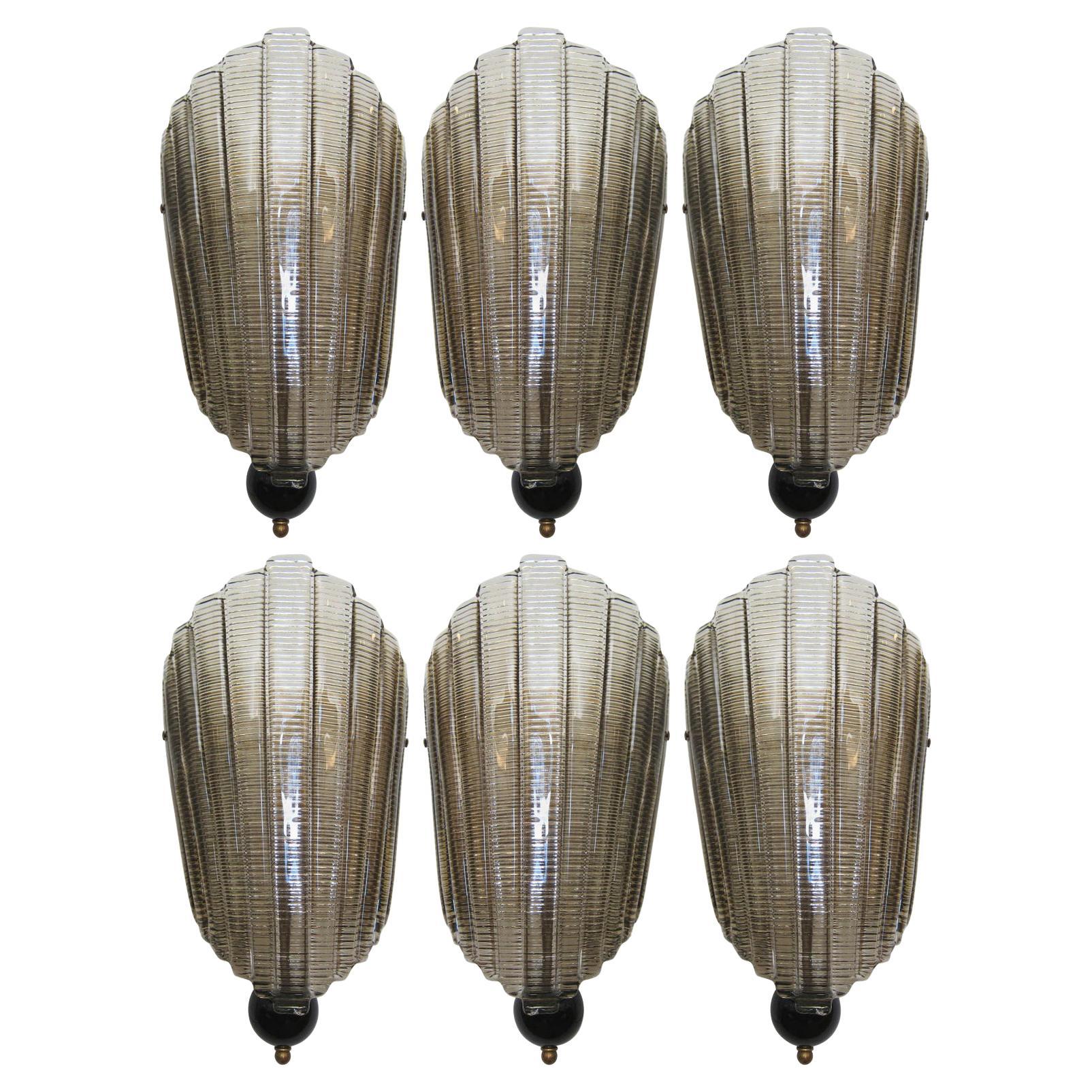Set of Six Murano Glass Wall Sconces, Art Deco Style, in Stock