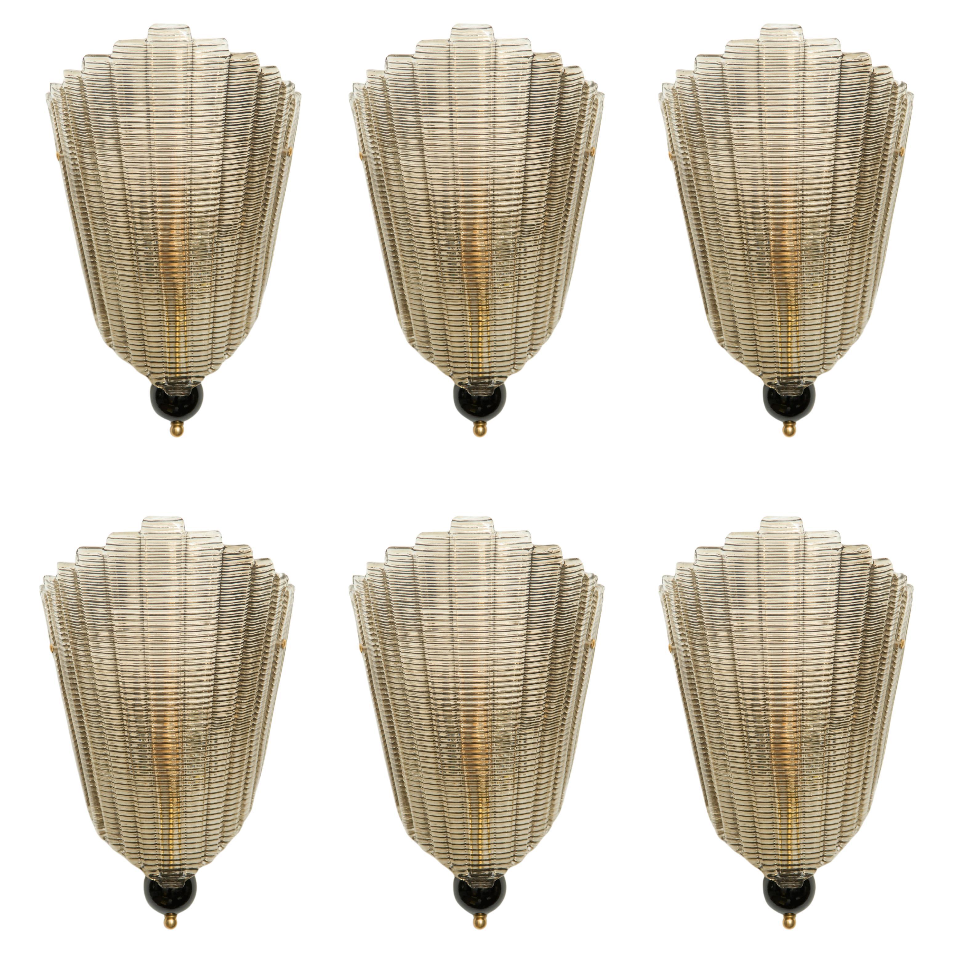 Set of Six Art Deco Style Italian Murano Smoked Glass Wall Sconces, Contemporary