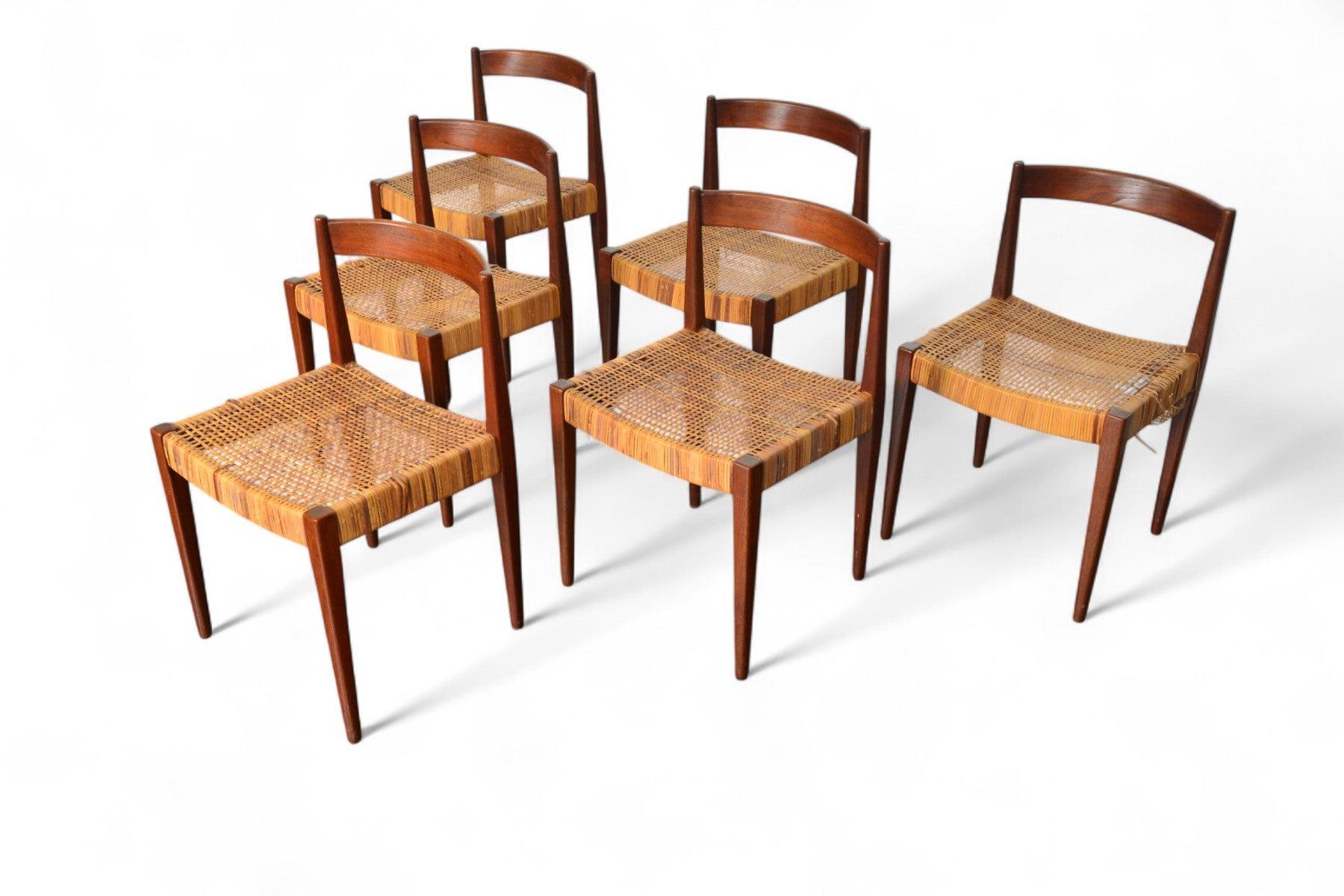 Ensemble de six chaises de salle à manger Nanna Ditzel modèle 110 en teck + rotin Bon état - En vente à Berkeley, CA