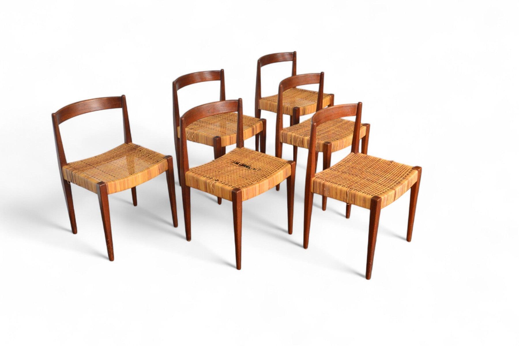 20ième siècle Ensemble de six chaises de salle à manger Nanna Ditzel modèle 110 en teck + rotin en vente