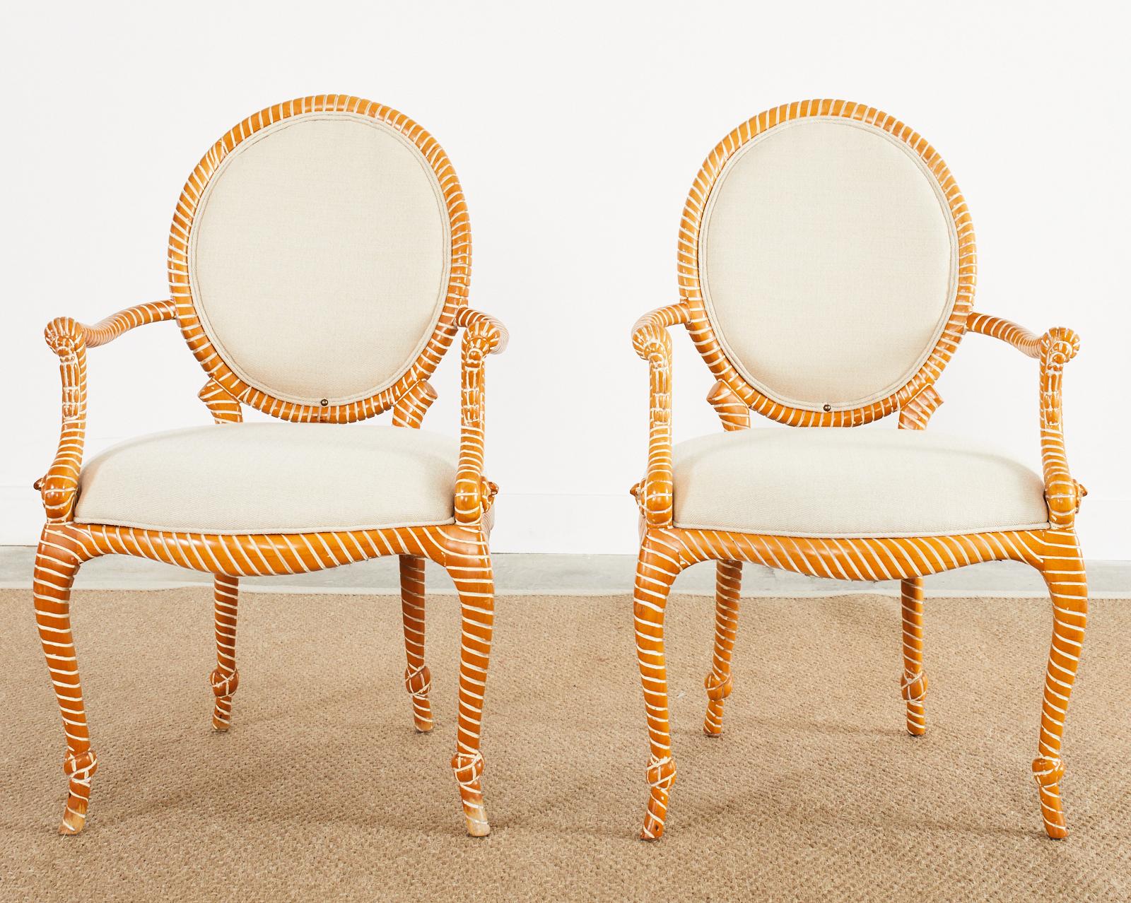 Spanish Set of Six Napoleon III Style Faux Rope Cerused Dining Chairs For Sale