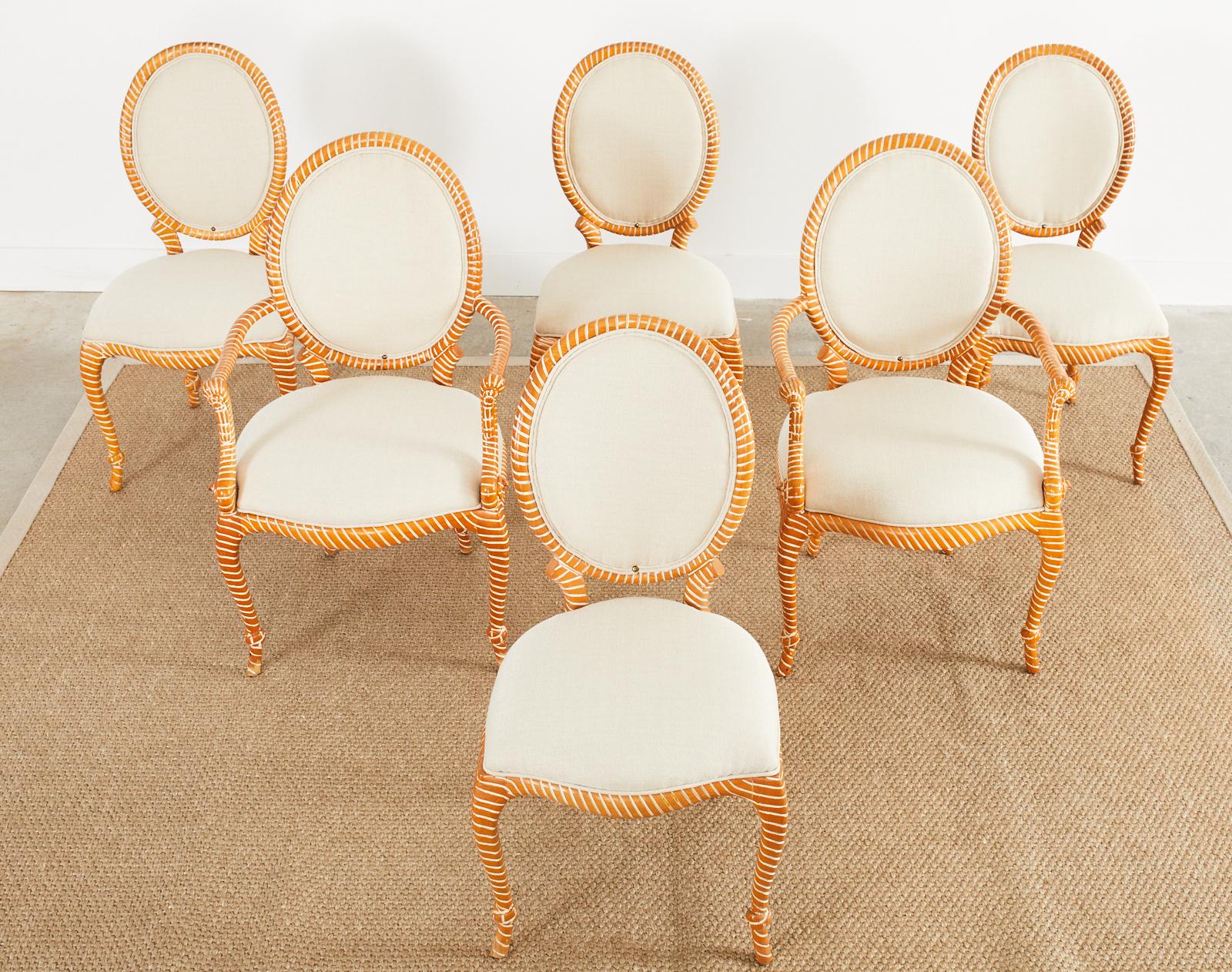 Hand-Crafted Set of Six Napoleon III Style Faux Rope Cerused Dining Chairs For Sale