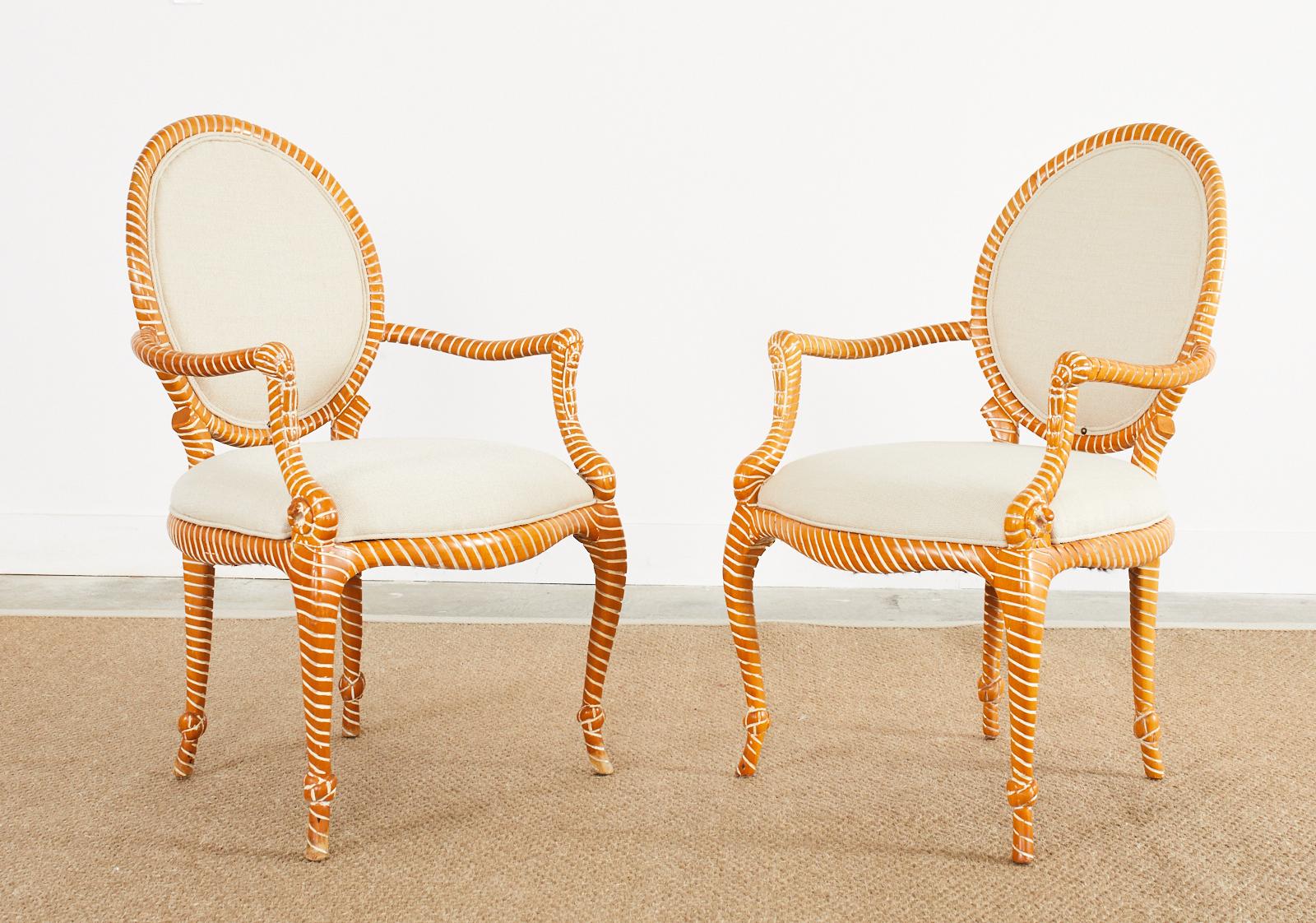 Fabric Set of Six Napoleon III Style Faux Rope Cerused Dining Chairs For Sale